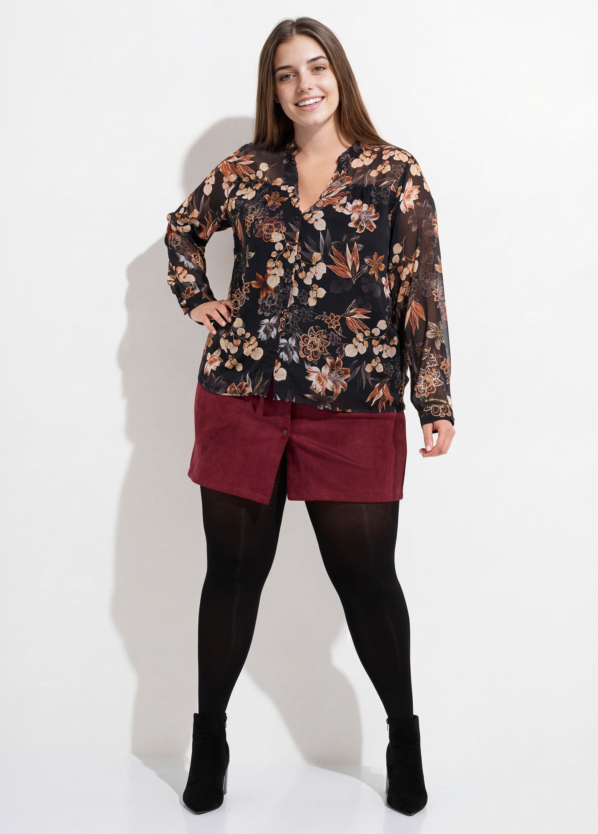 Tunique voile col V volanté, fleuri doré Femme Grande Taille Noir MA-1052-2137 SF1