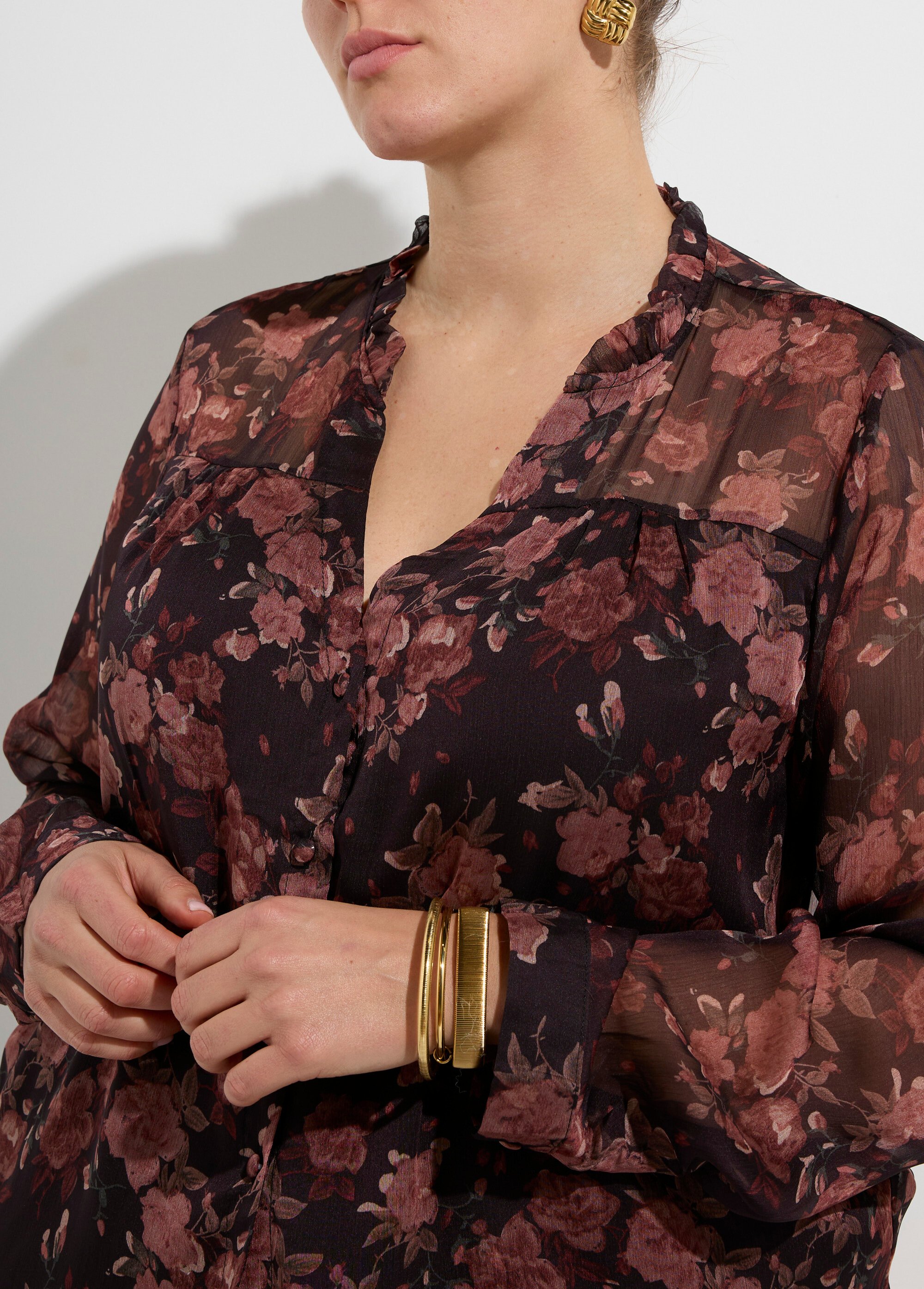 Tunique voile col volanté, fleuri roses Femme Grande Taille Noir MA-1052-2133 DE1