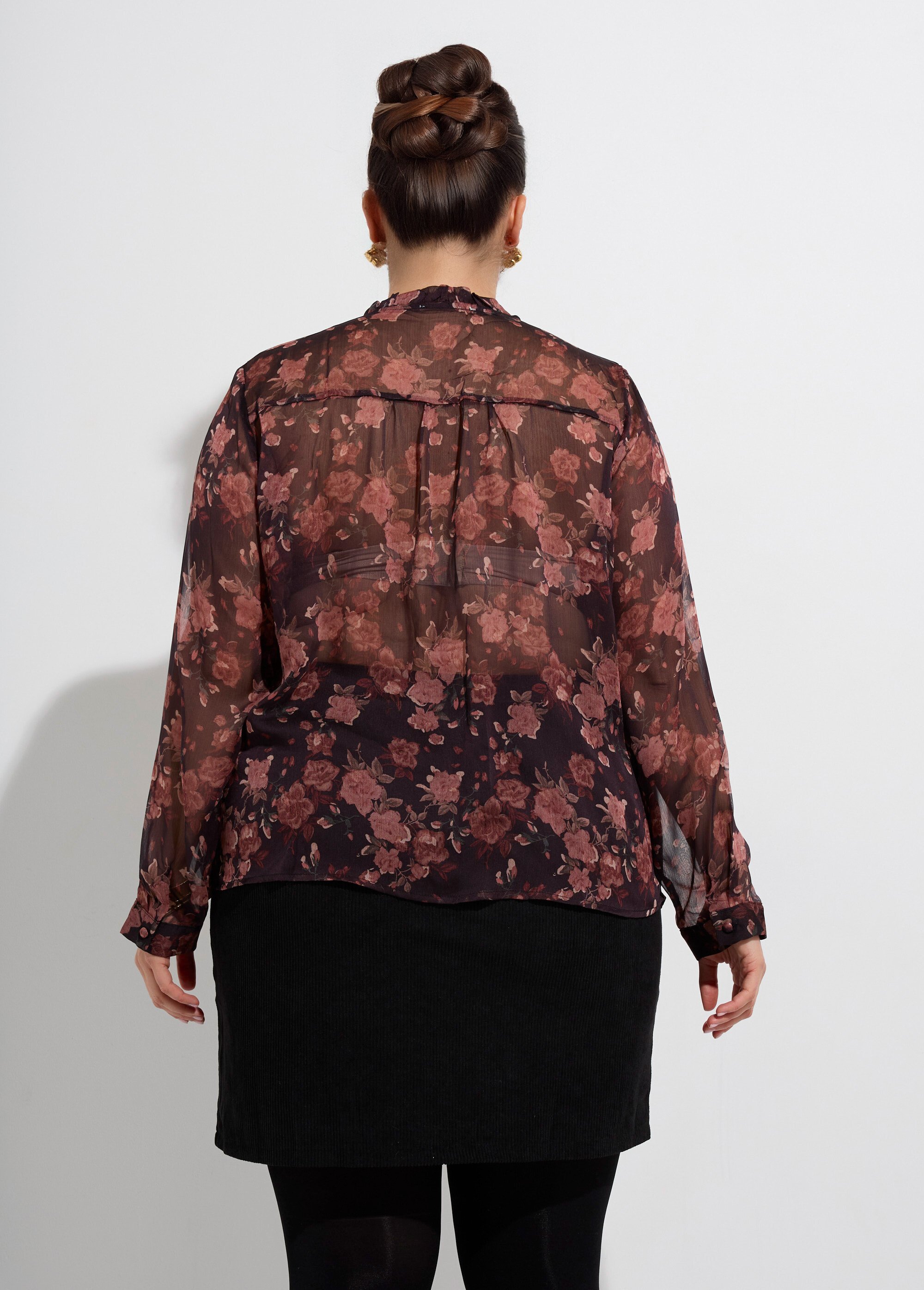 Tunique voile col volanté, fleuri roses Femme Grande Taille Noir MA-1052-2133 DO1