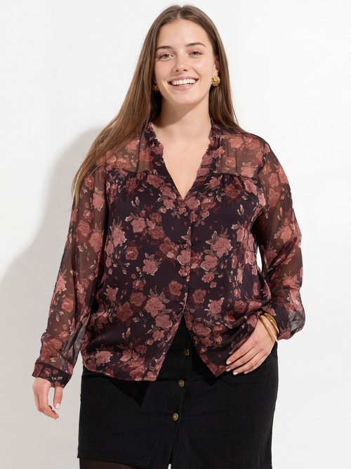 Tunique voile col volanté, fleuri roses Femme Grande Taille Noir MA-1052-2133 FA1