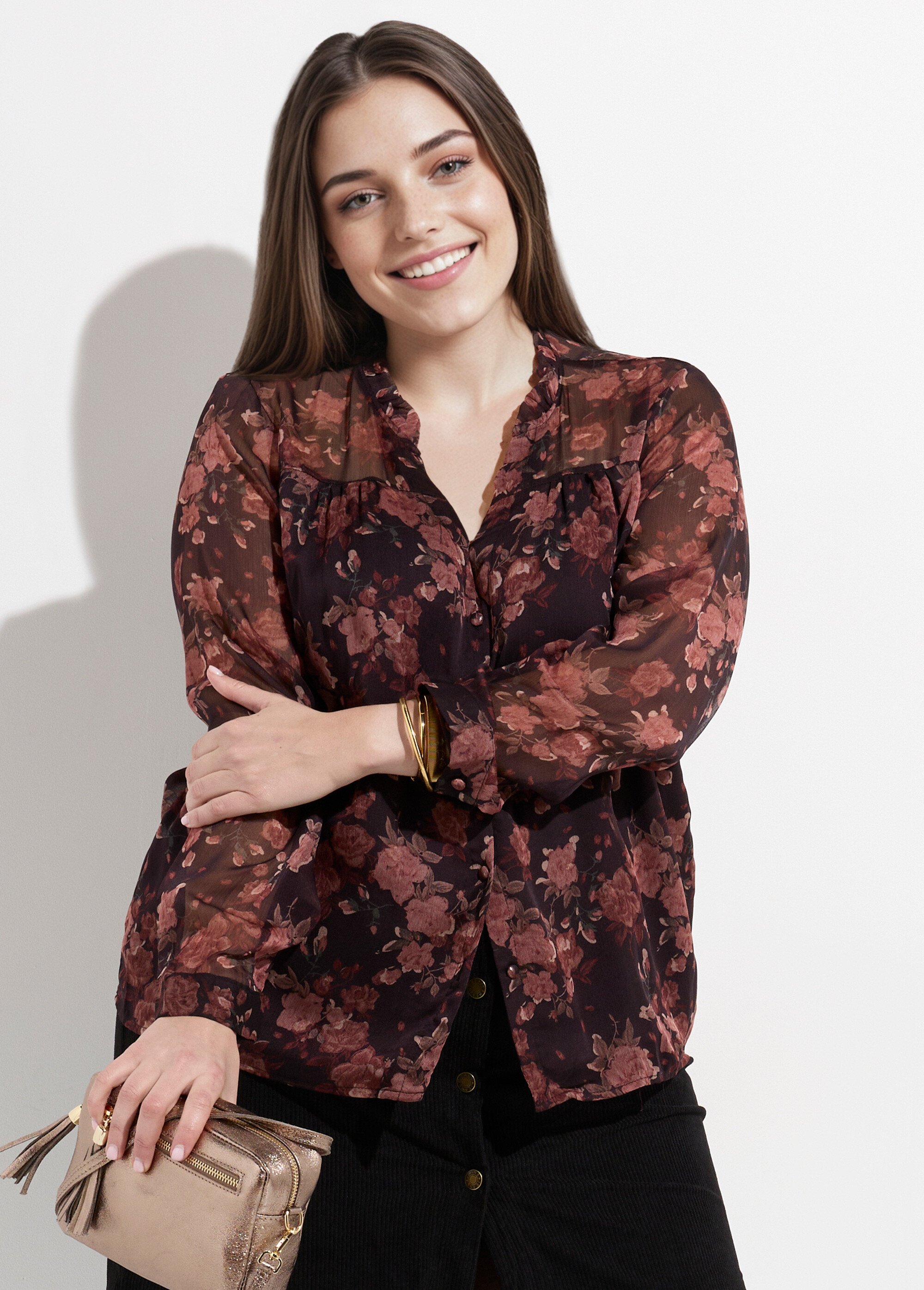 Tunique voile col volanté, fleuri roses Femme Grande Taille Noir MA-1052-2133 MV1