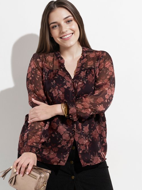 Tunique voile col volanté, fleuri roses Femme Grande Taille Noir MA-1052-2133 MV1