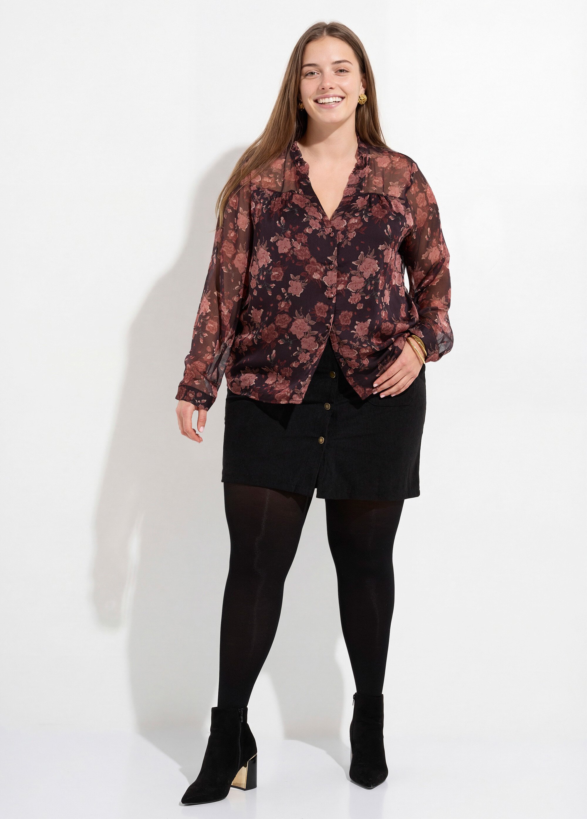 Tunique voile col volanté, fleuri roses Femme Grande Taille Noir MA-1052-2133 SF1