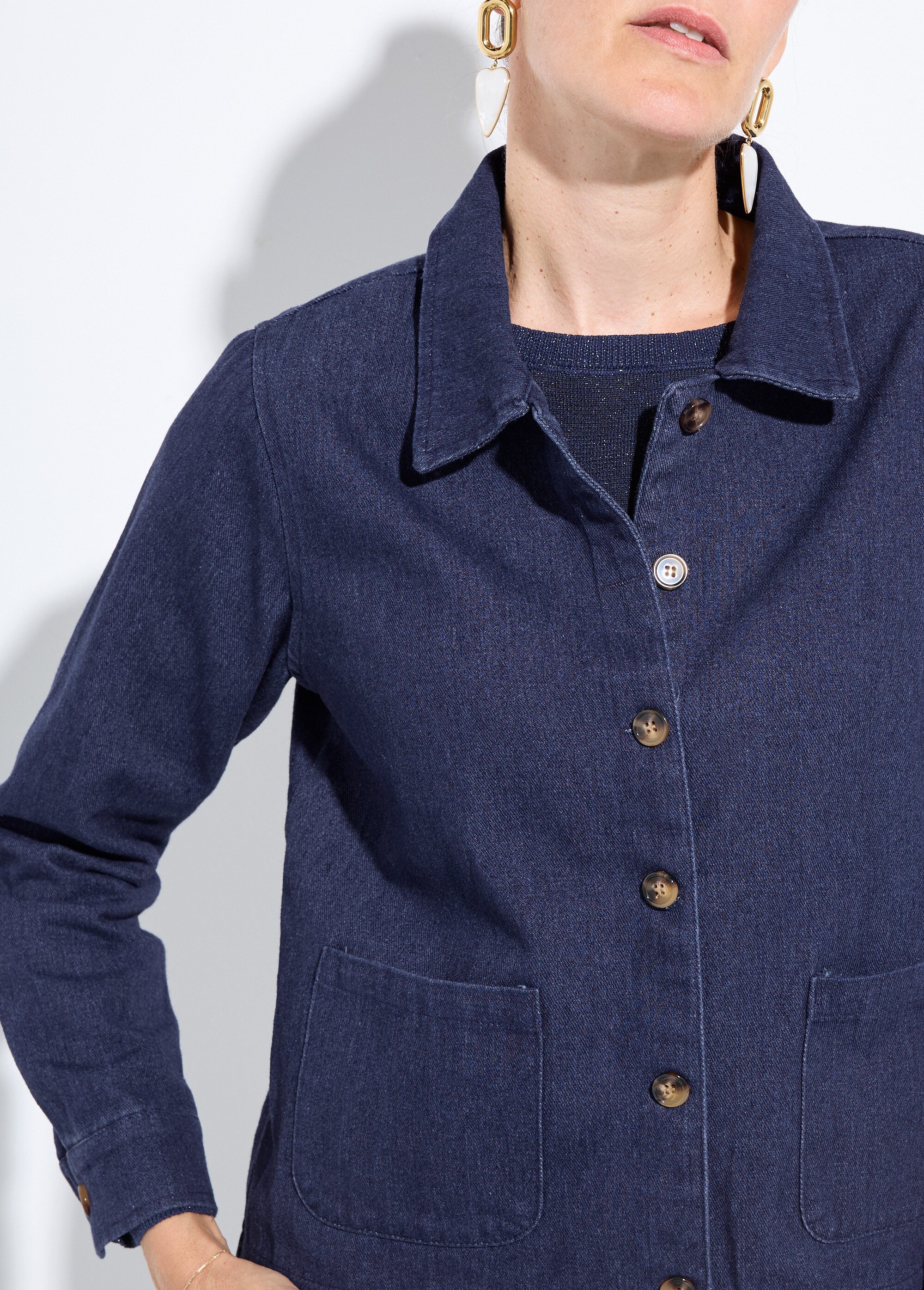 Veste boutonnée en denim, col à pointe Femme Bleu IA-R5150-3 DE1
