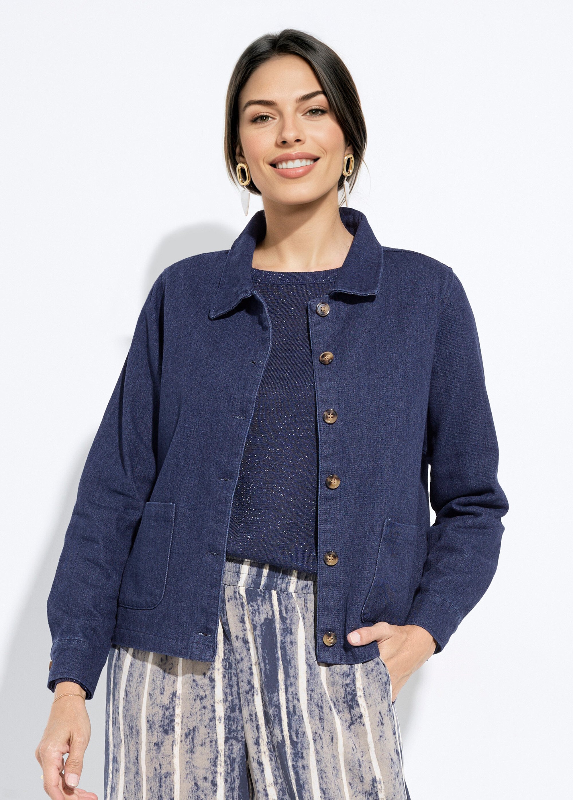 Veste boutonnée en denim, col à pointe Femme Bleu IA-R5150-3 FA1