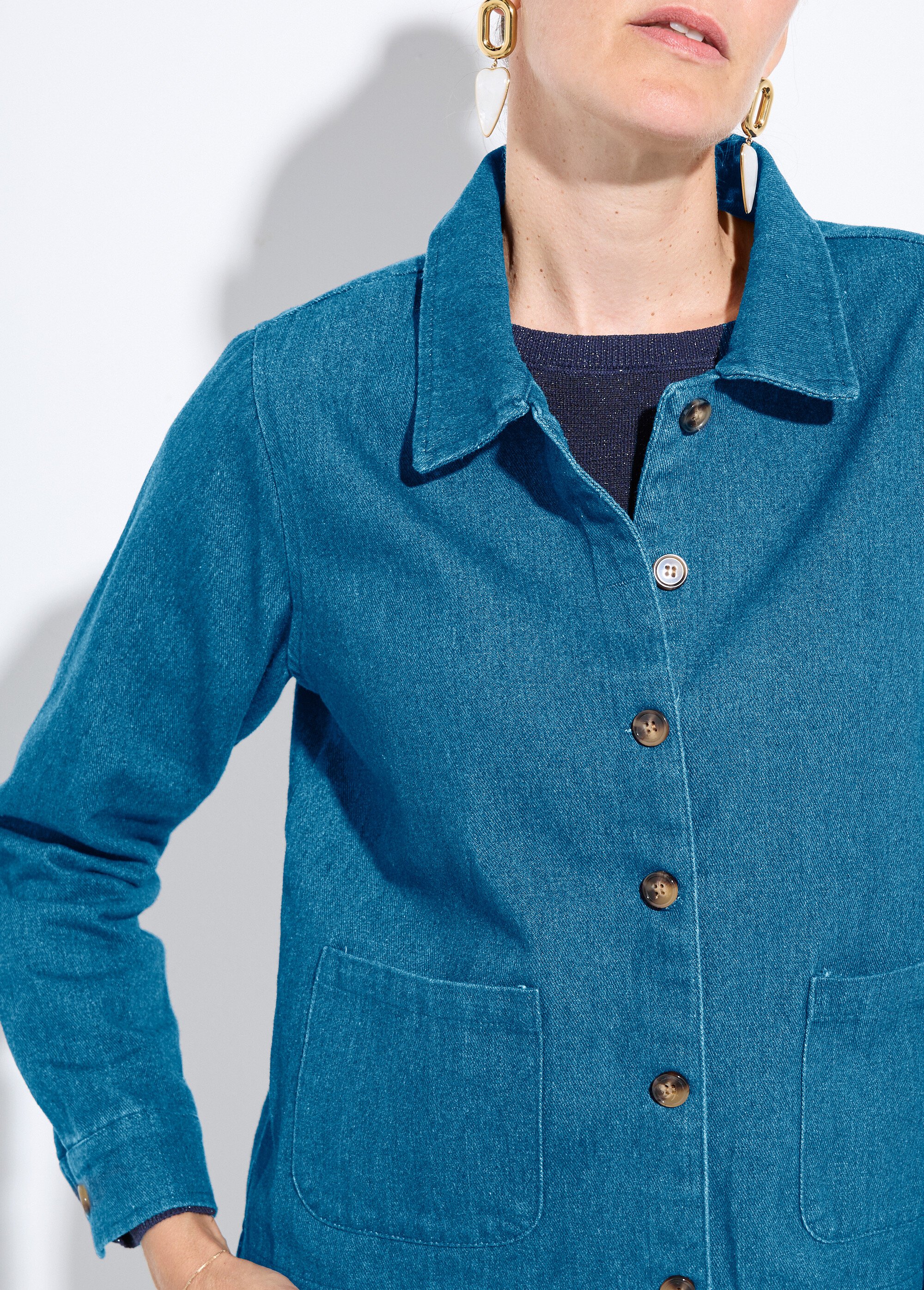 Veste boutonnée en denim, col à pointe Femme Bleu IA-R5150-3 DE1