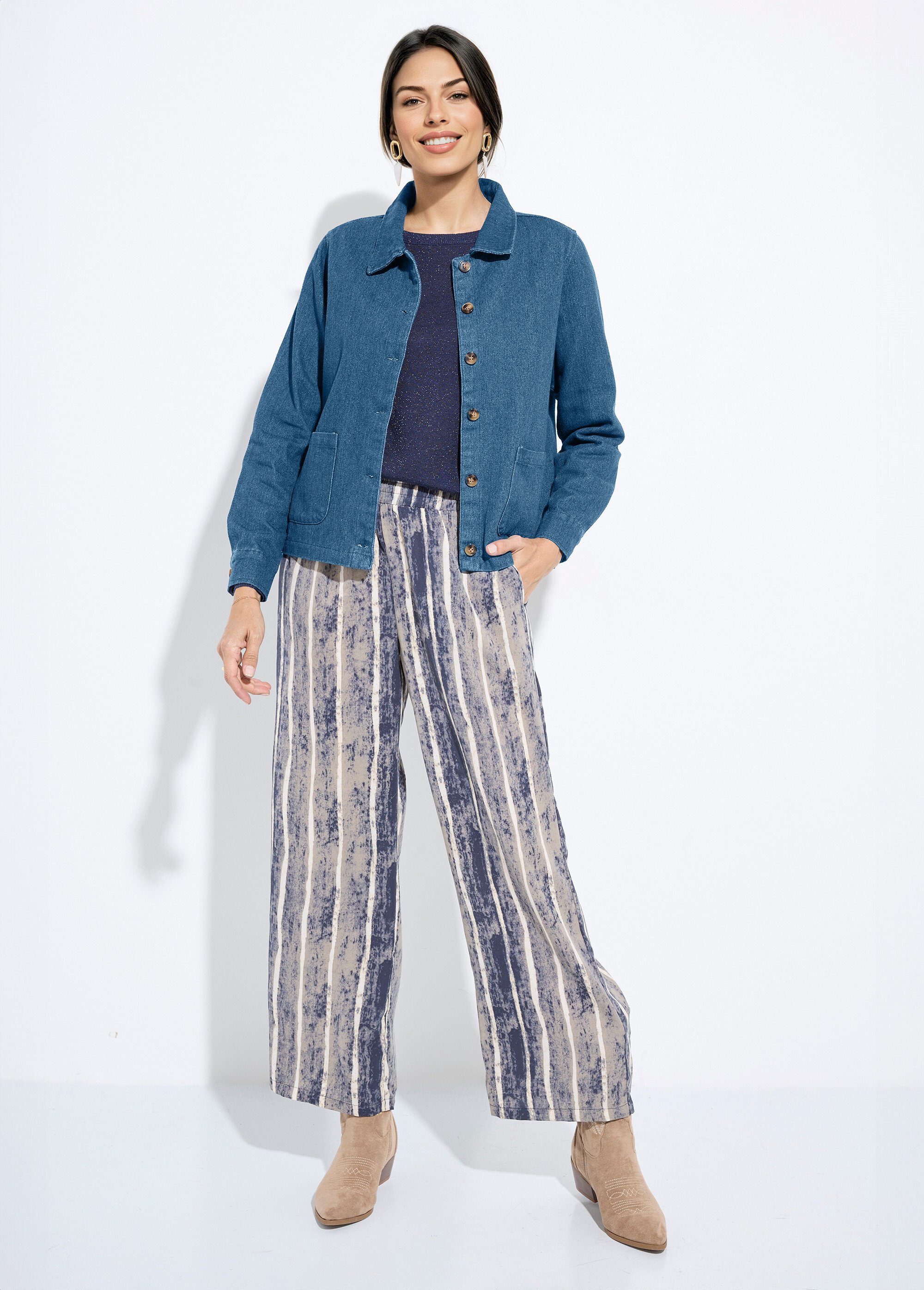 Veste boutonnée en denim, col à pointe Femme Bleu IA-R5150-3 SF1