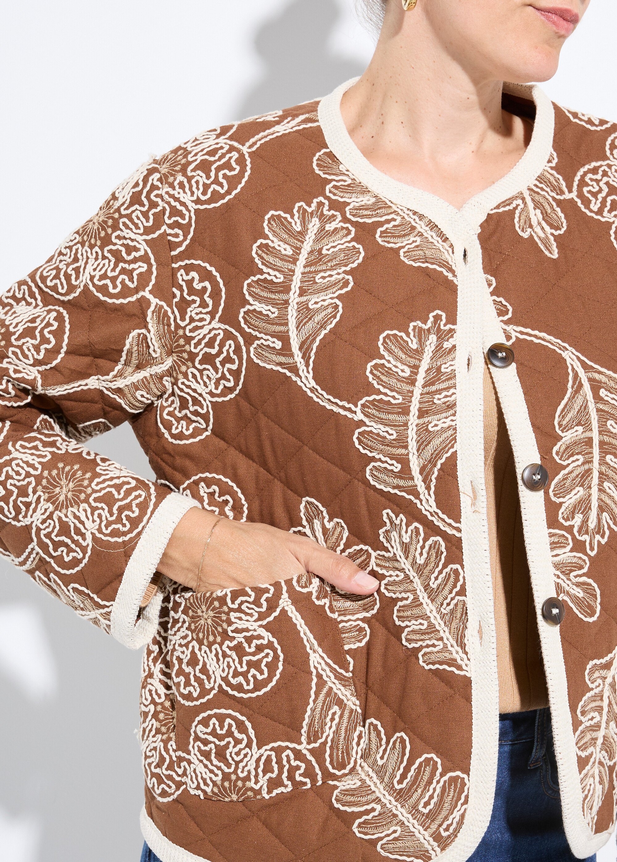 Veste matelassée rebrodée en twill Femme Beige IA-T005 DE1