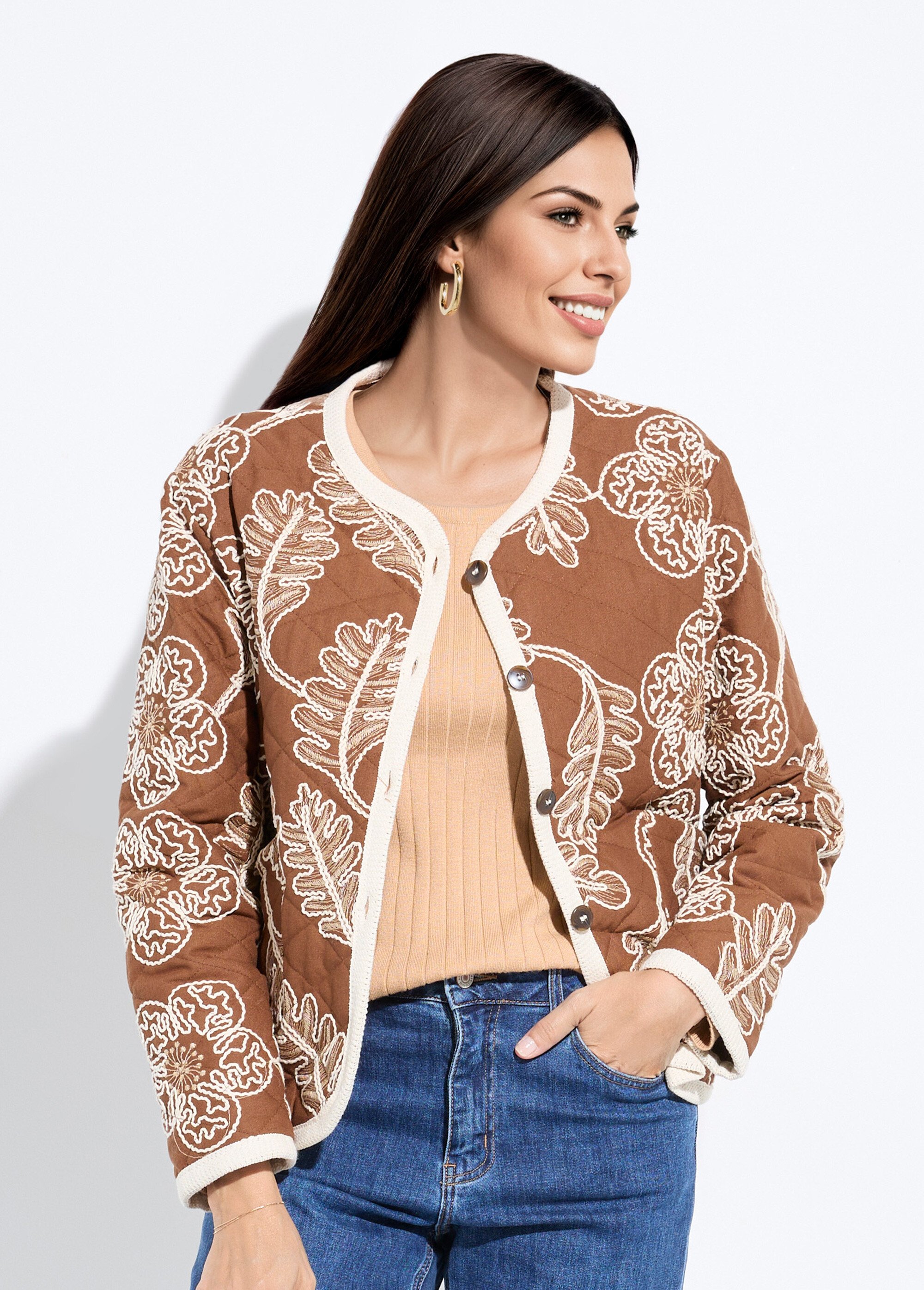 Veste matelassée rebrodée en twill Femme Beige IA-T005 FA1