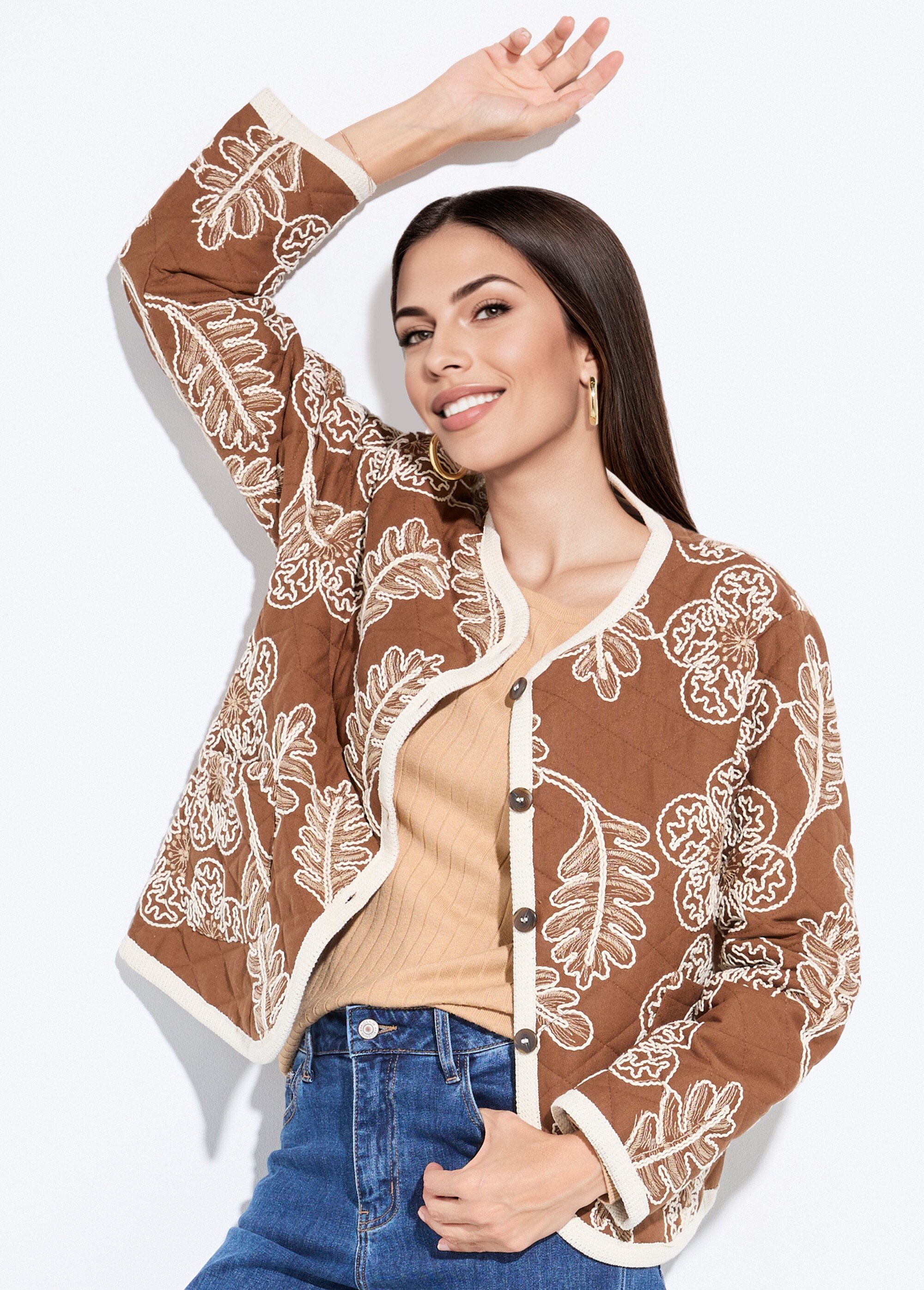 Veste matelassée rebrodée en twill Femme Beige IA-T005 MV1