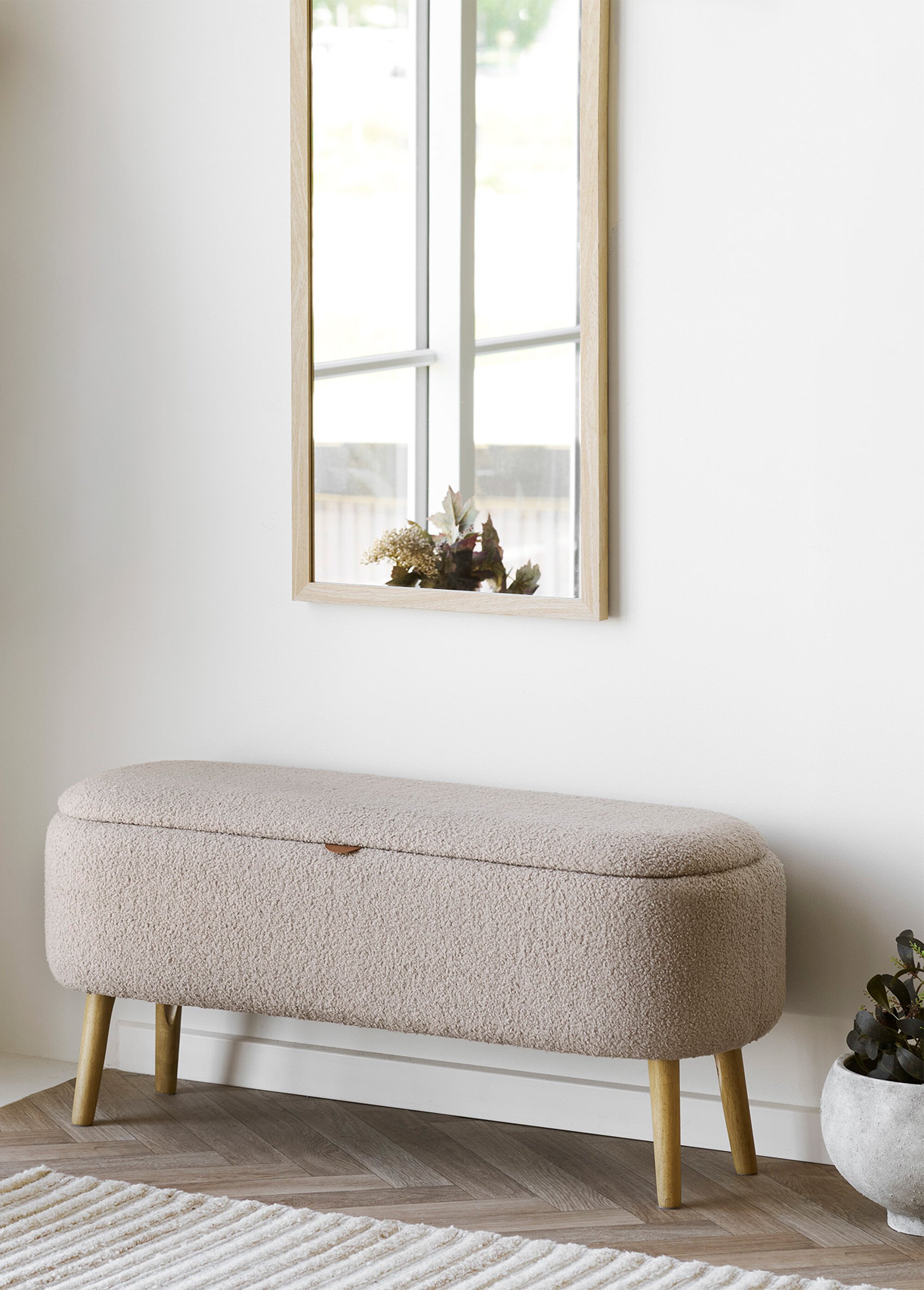 Banc coffre maille bouclette, pieds bois BEIGE HN-1401310 SI1