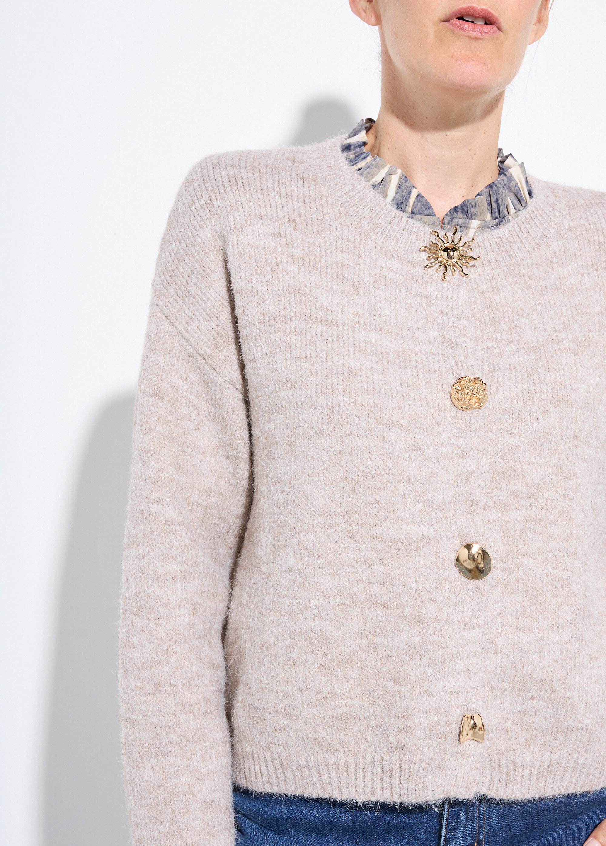 Gilet col rond avec laine, boutons métal