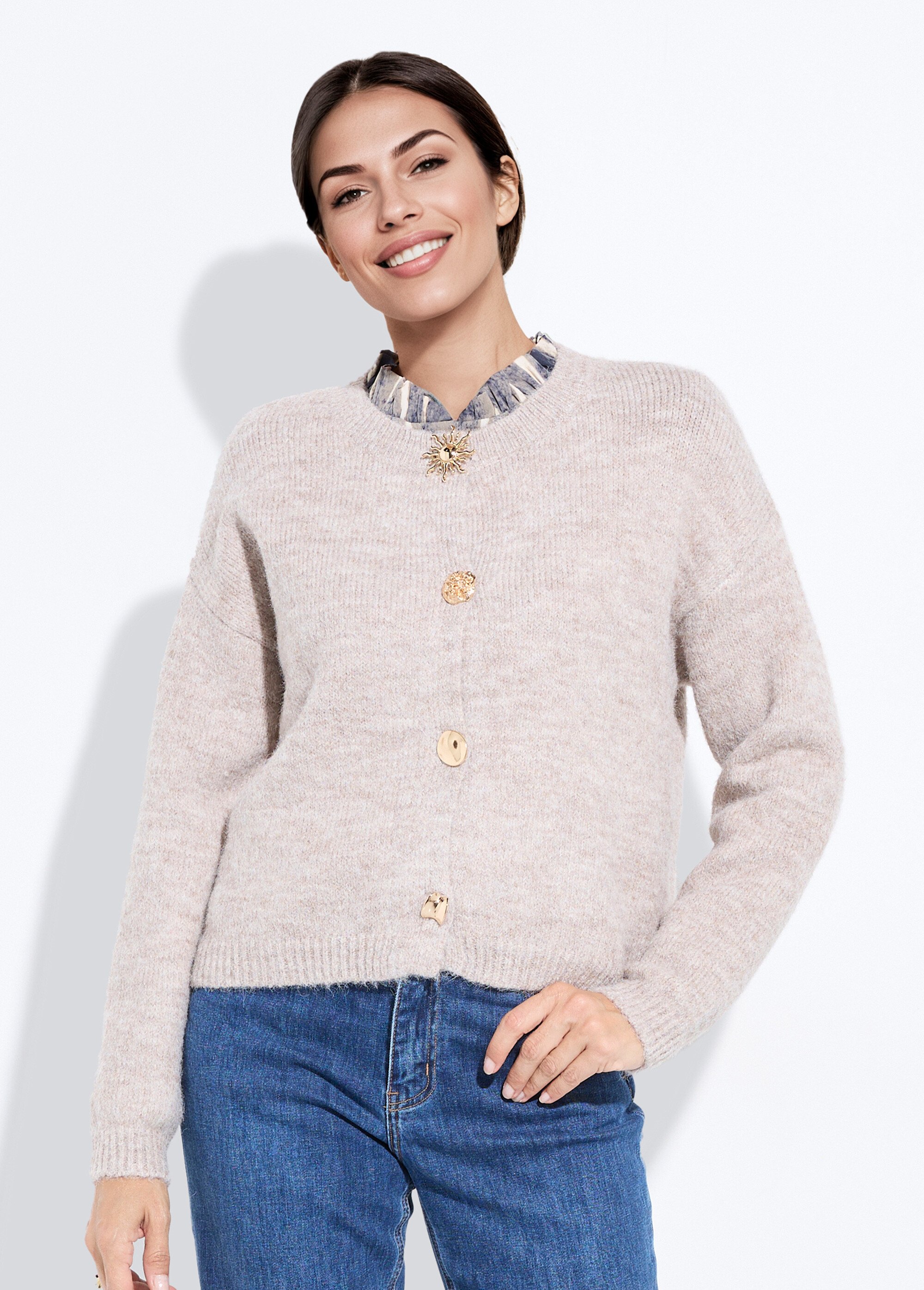 Gilet col rond laine, boutons bijoux métal Femme Beige IA-AR863 FA1