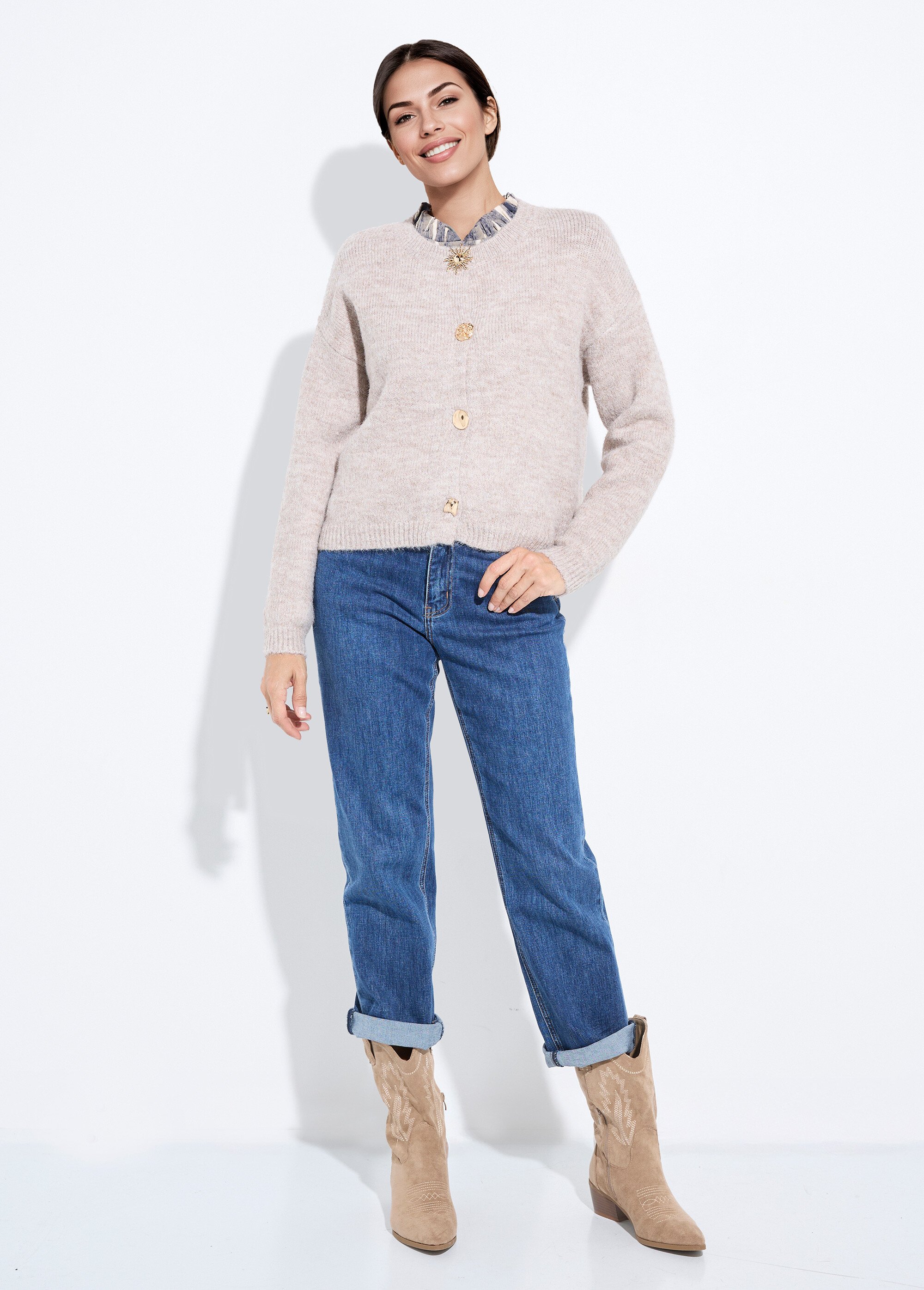 Gilet col rond laine, boutons bijoux métal Femme Beige IA-AR863 SF1
