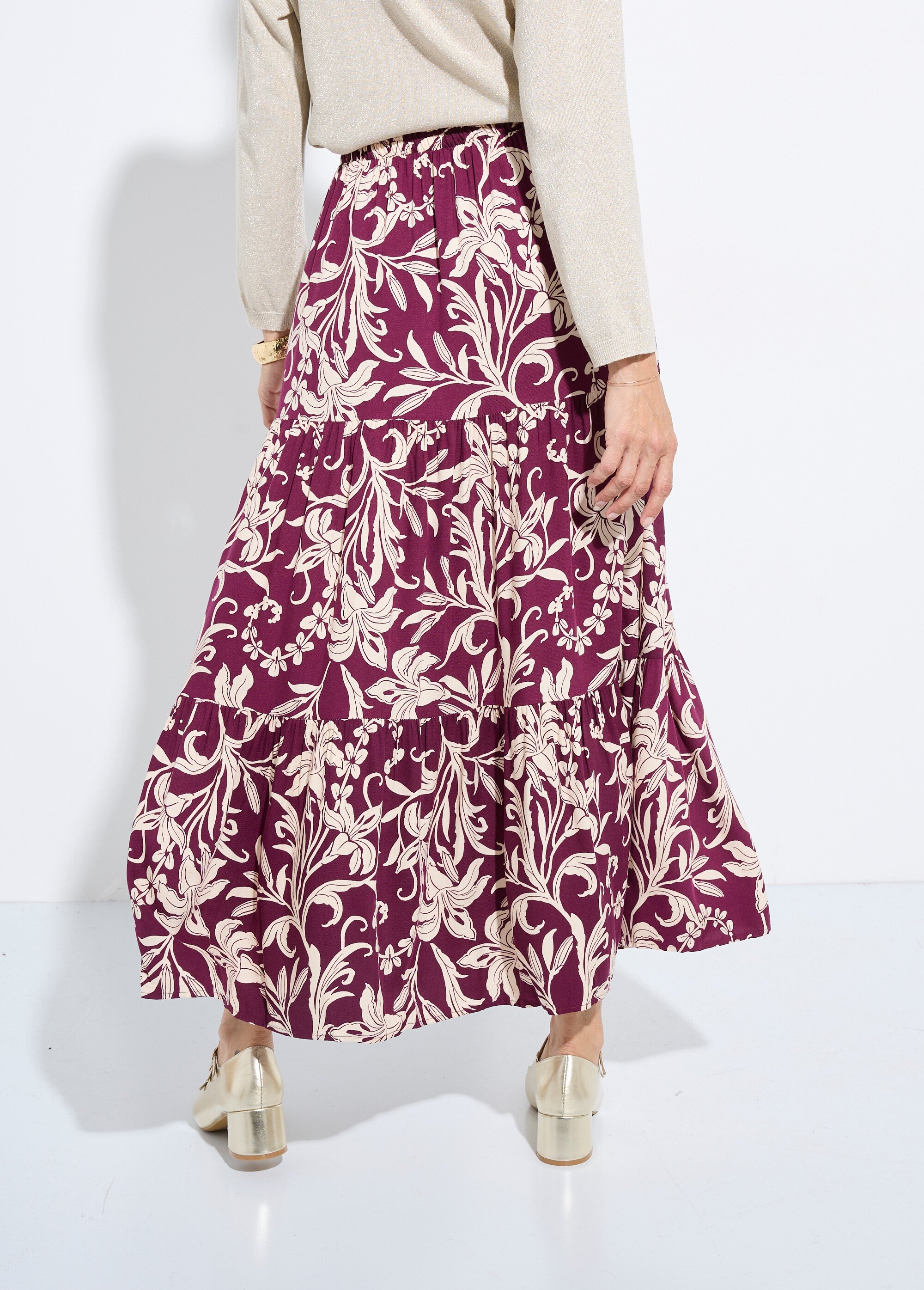 Jupe longue à volants, motif lys Femme Violet IA-C805 DO1