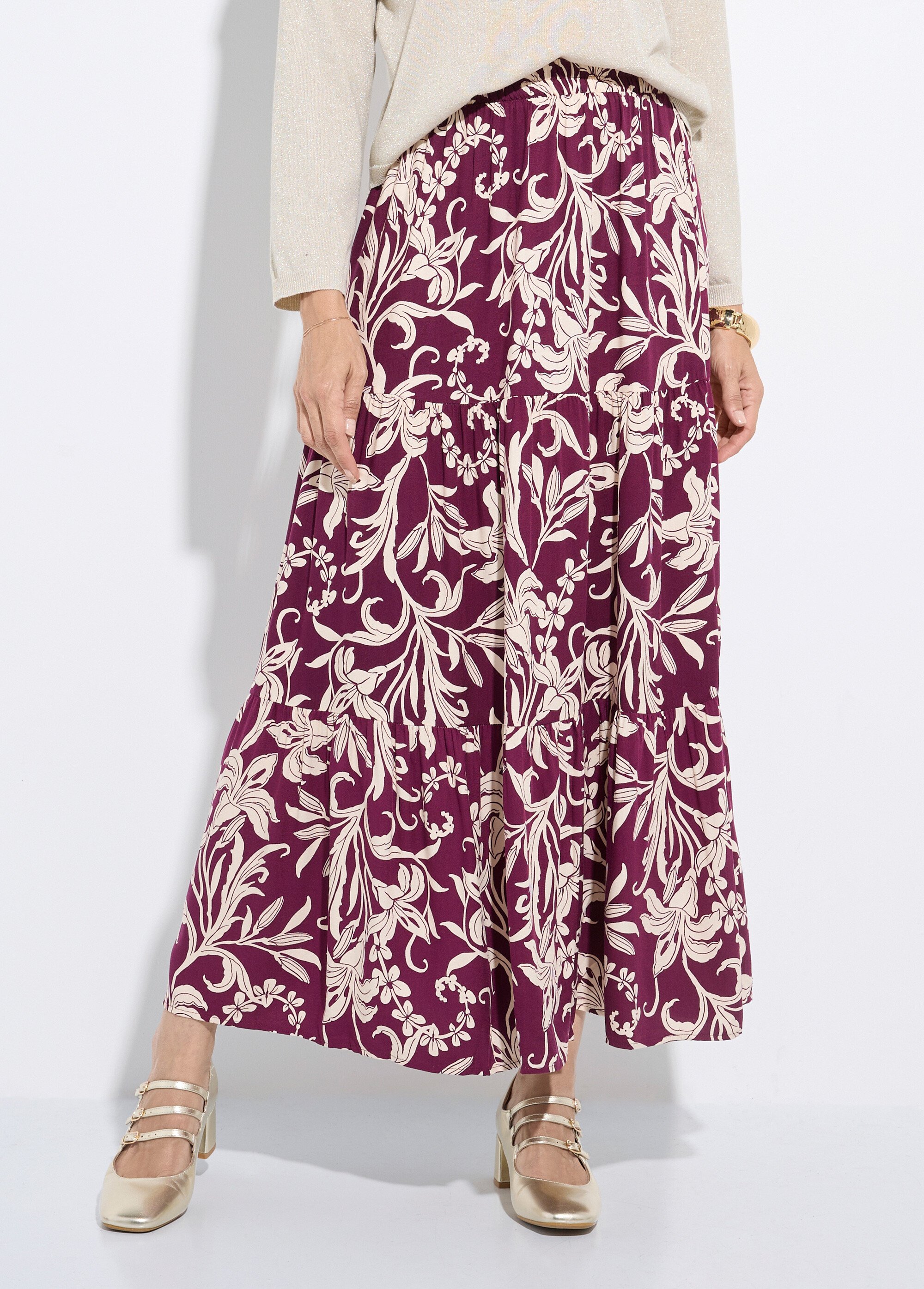 Jupe longue à volants, motif lys Femme Violet IA-C805 FA1