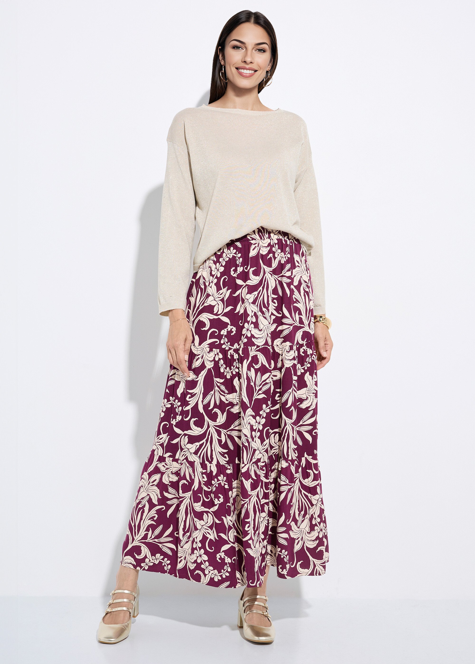 Jupe longue à volants, motif lys Femme Violet IA-C805 SF1