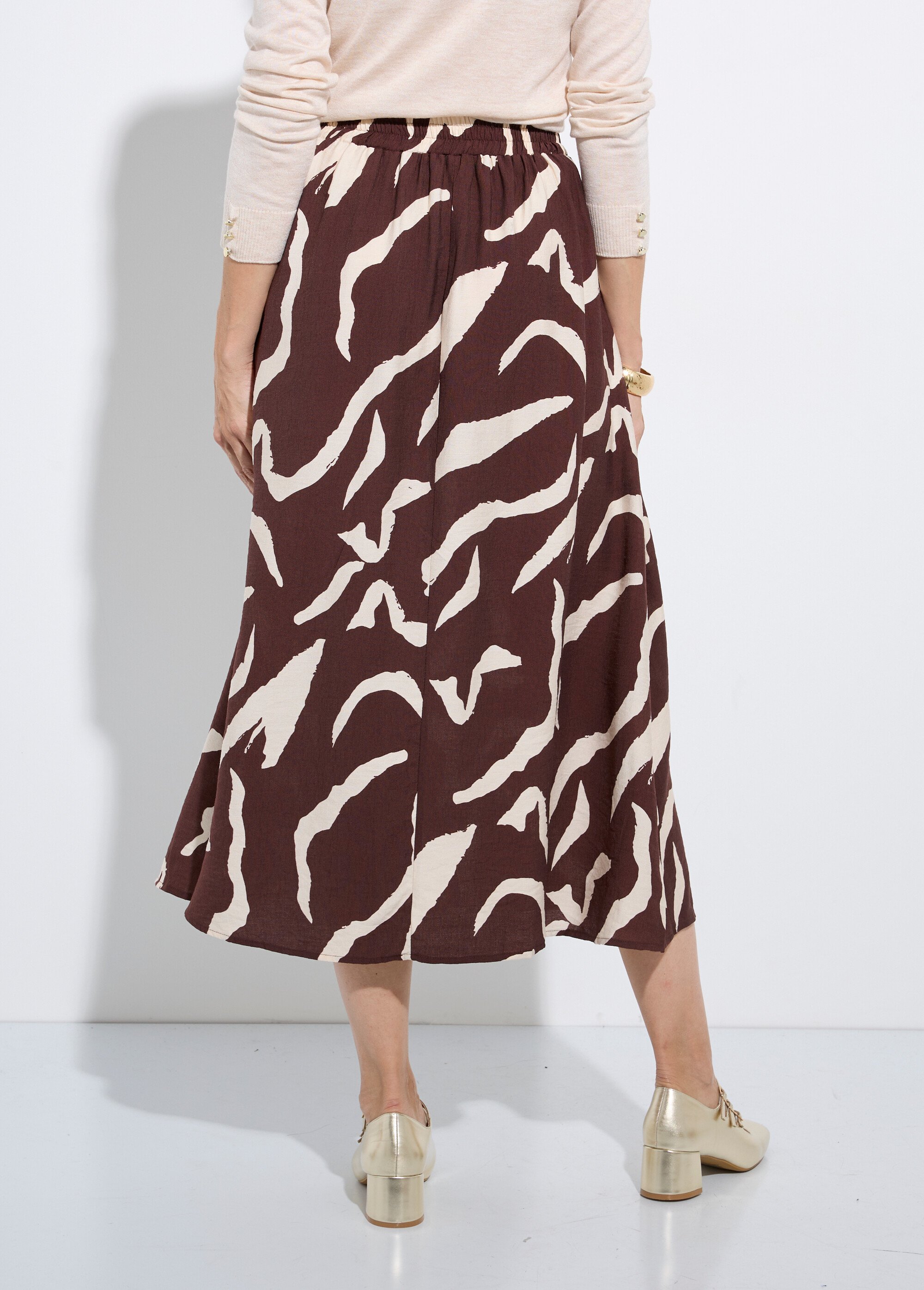 Jupe longue évasée motif graphique Femme Marron IA-R5918 DO1