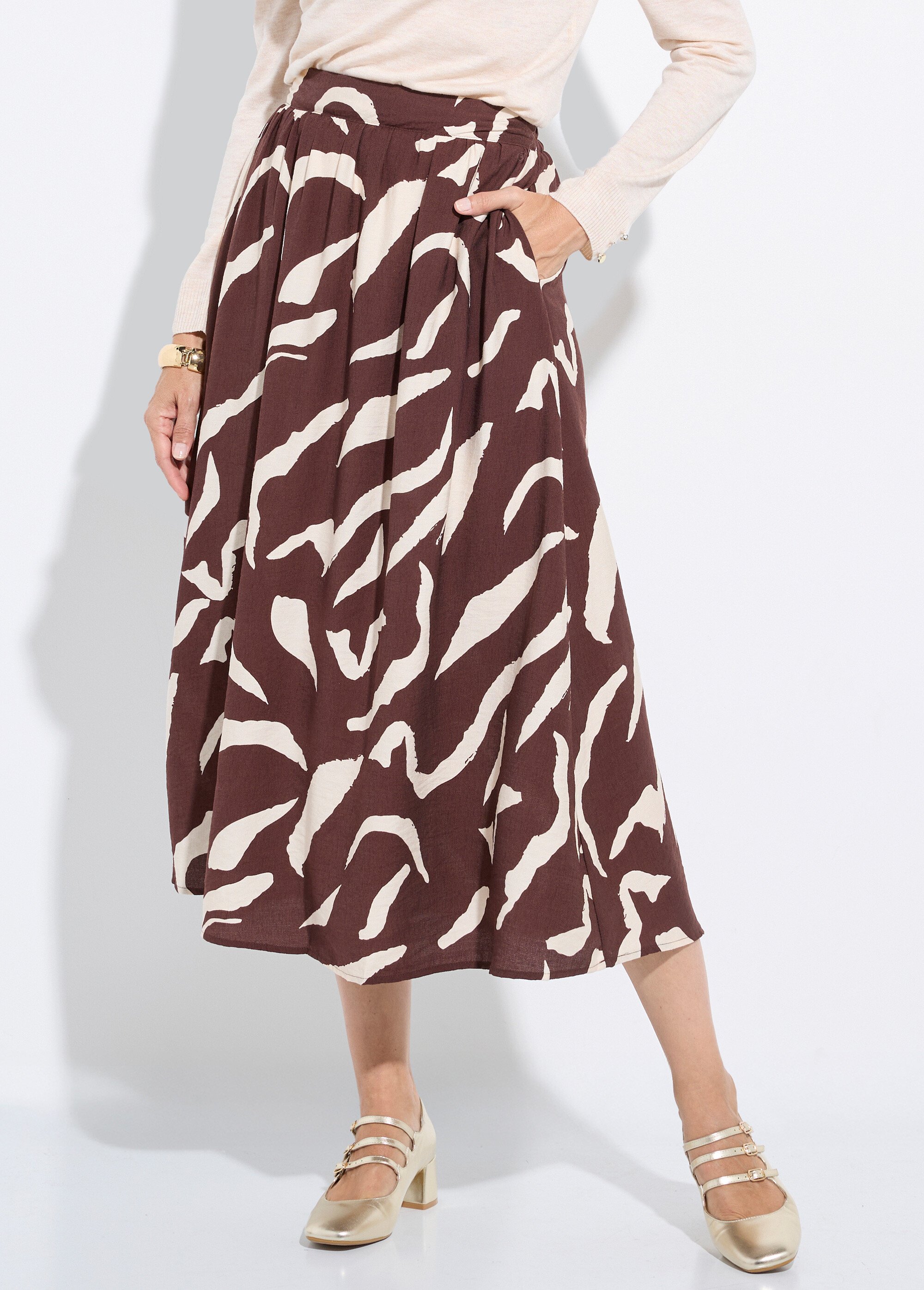 Jupe longue évasée motif graphique Femme Marron IA-R5918 FA1