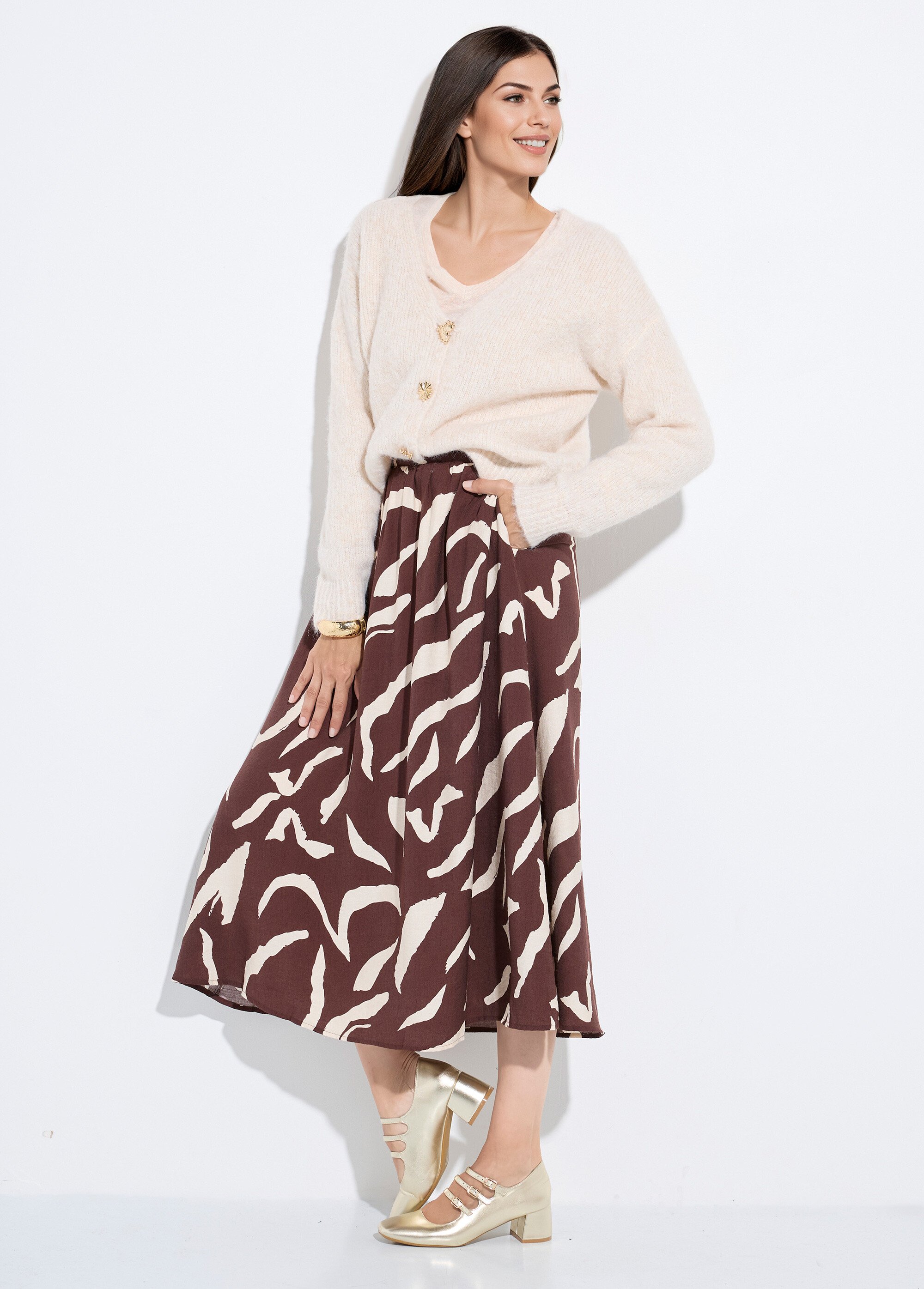 Jupe longue évasée motif graphique Femme Marron IA-R5918 MV1