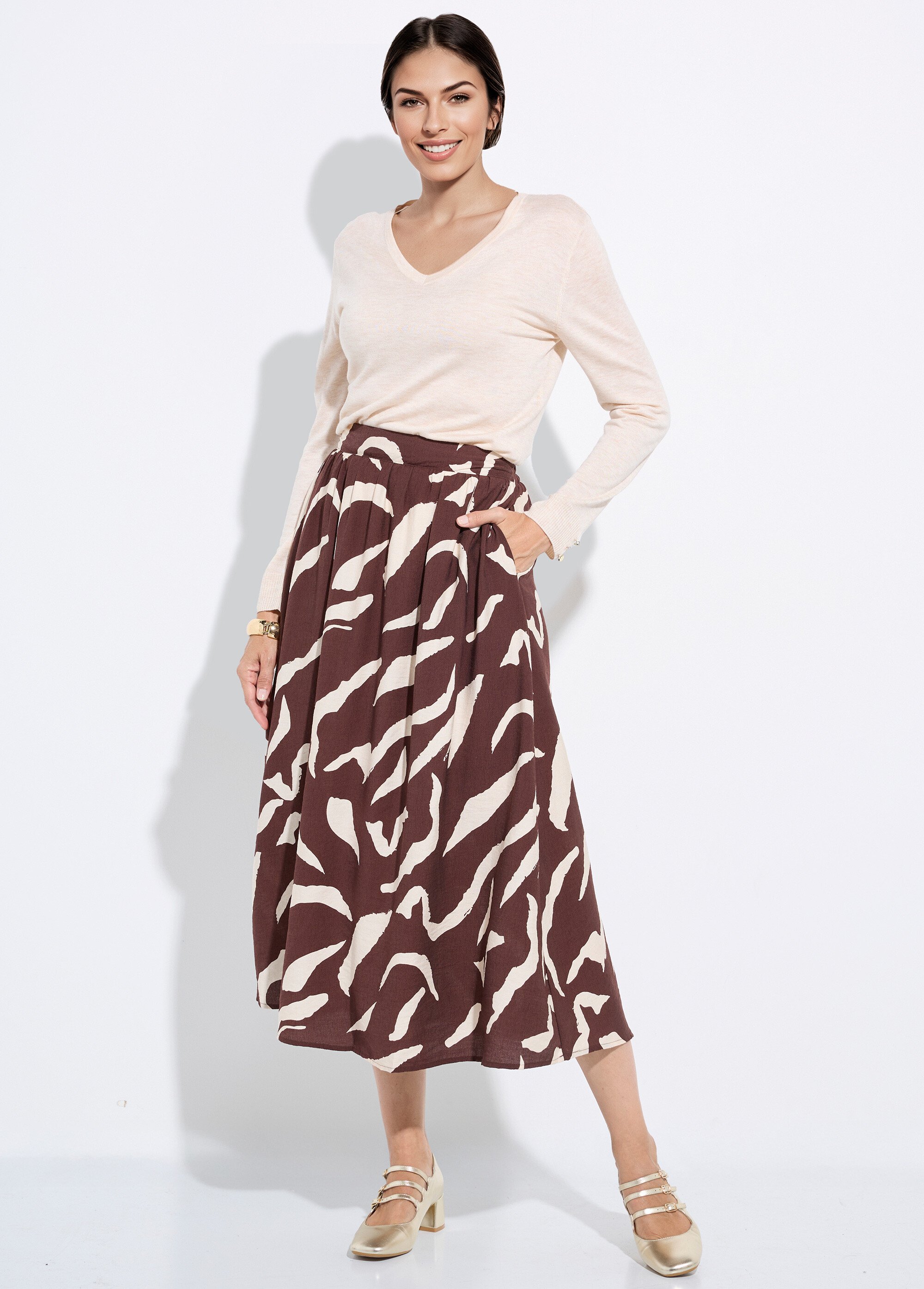 Jupe longue évasée motif graphique Femme Marron IA-R5918 SF1