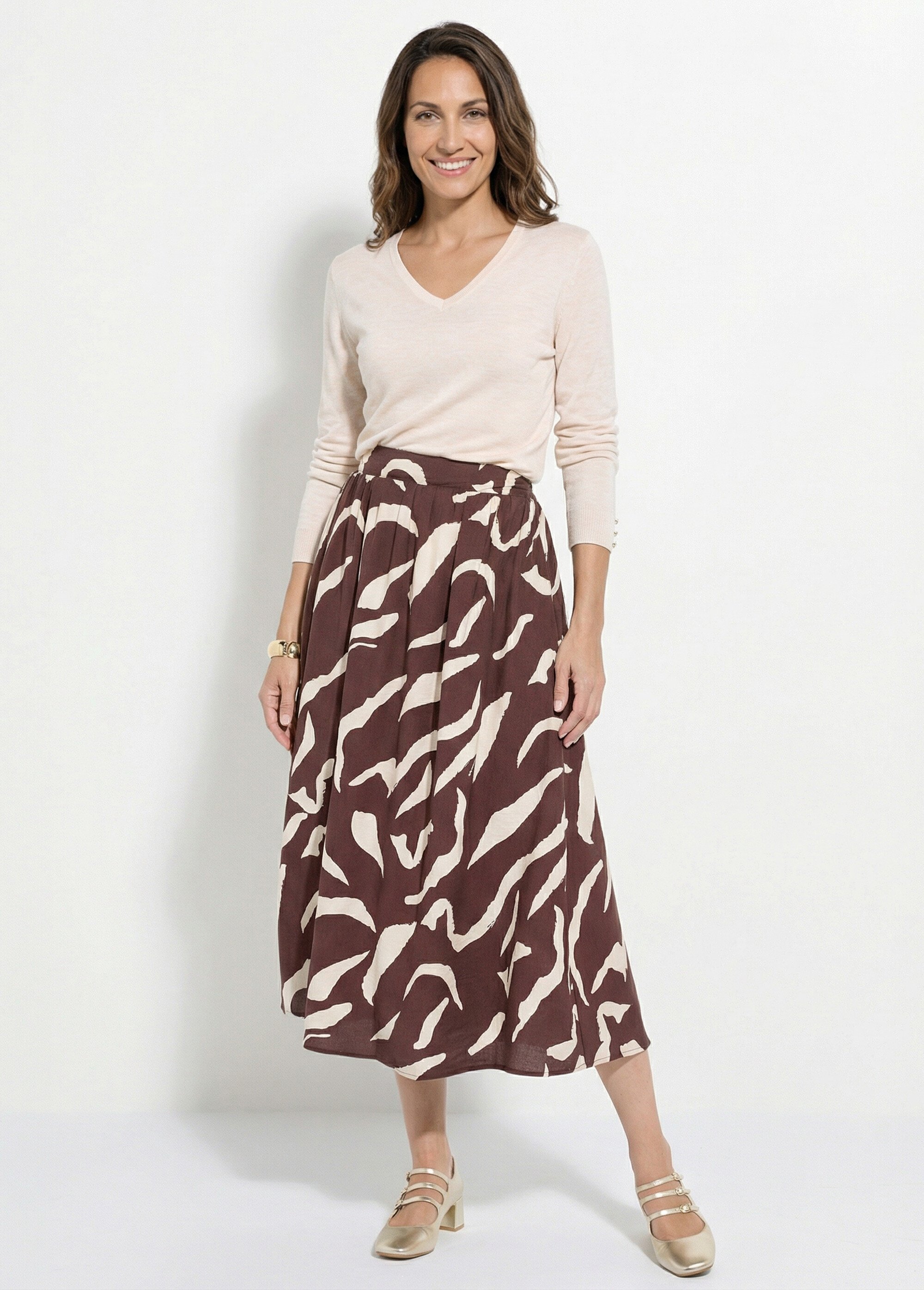 Jupe longue évasée motif graphique Femme Marron IA-R5918 SI1