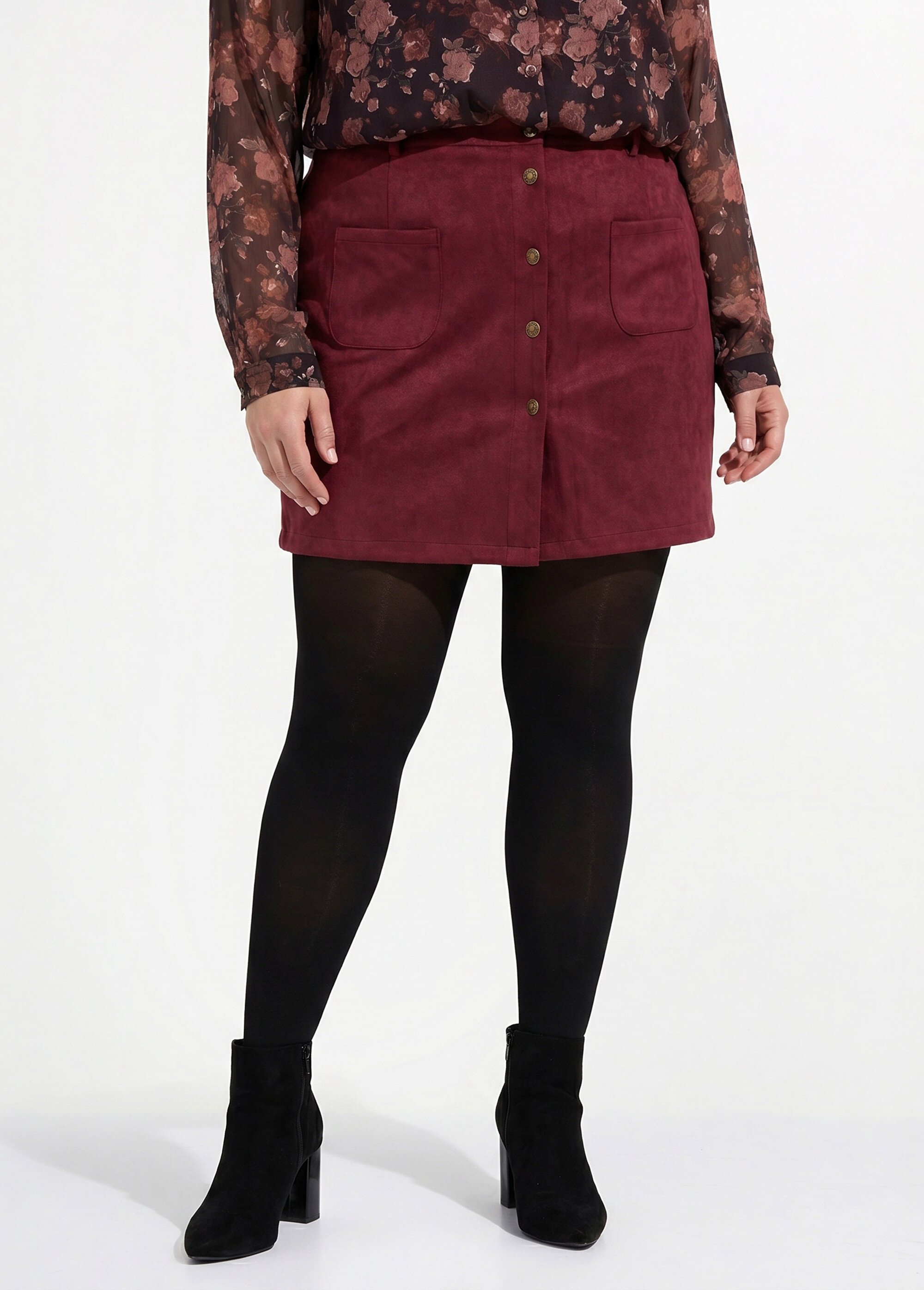 Mini jupe en suédine, boutons métal Femme Grande Taille Rouge MA-M260-2283 FA1