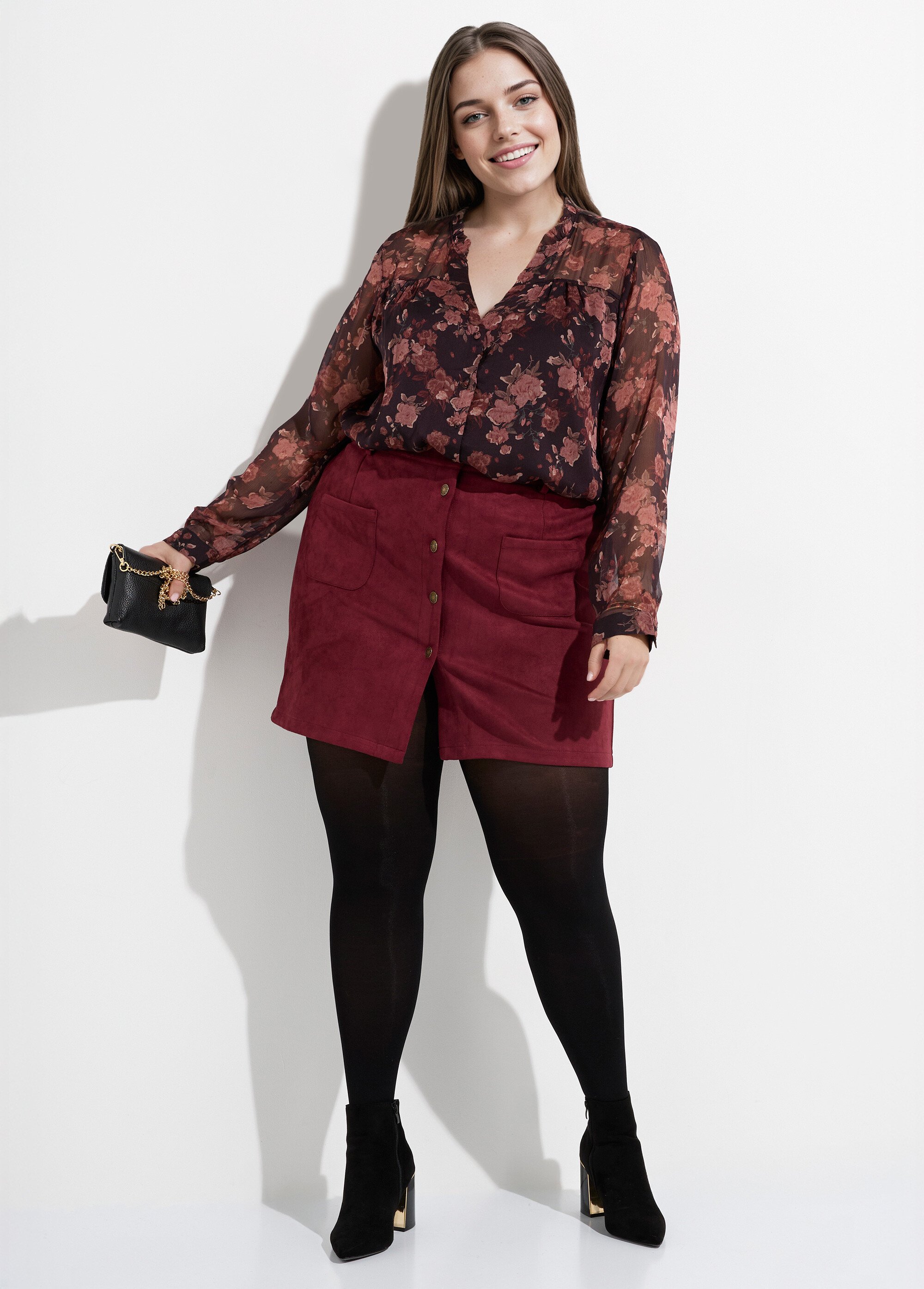 Mini jupe en suédine, boutons métal Femme Grande Taille Rouge MA-M260-2283 MV1