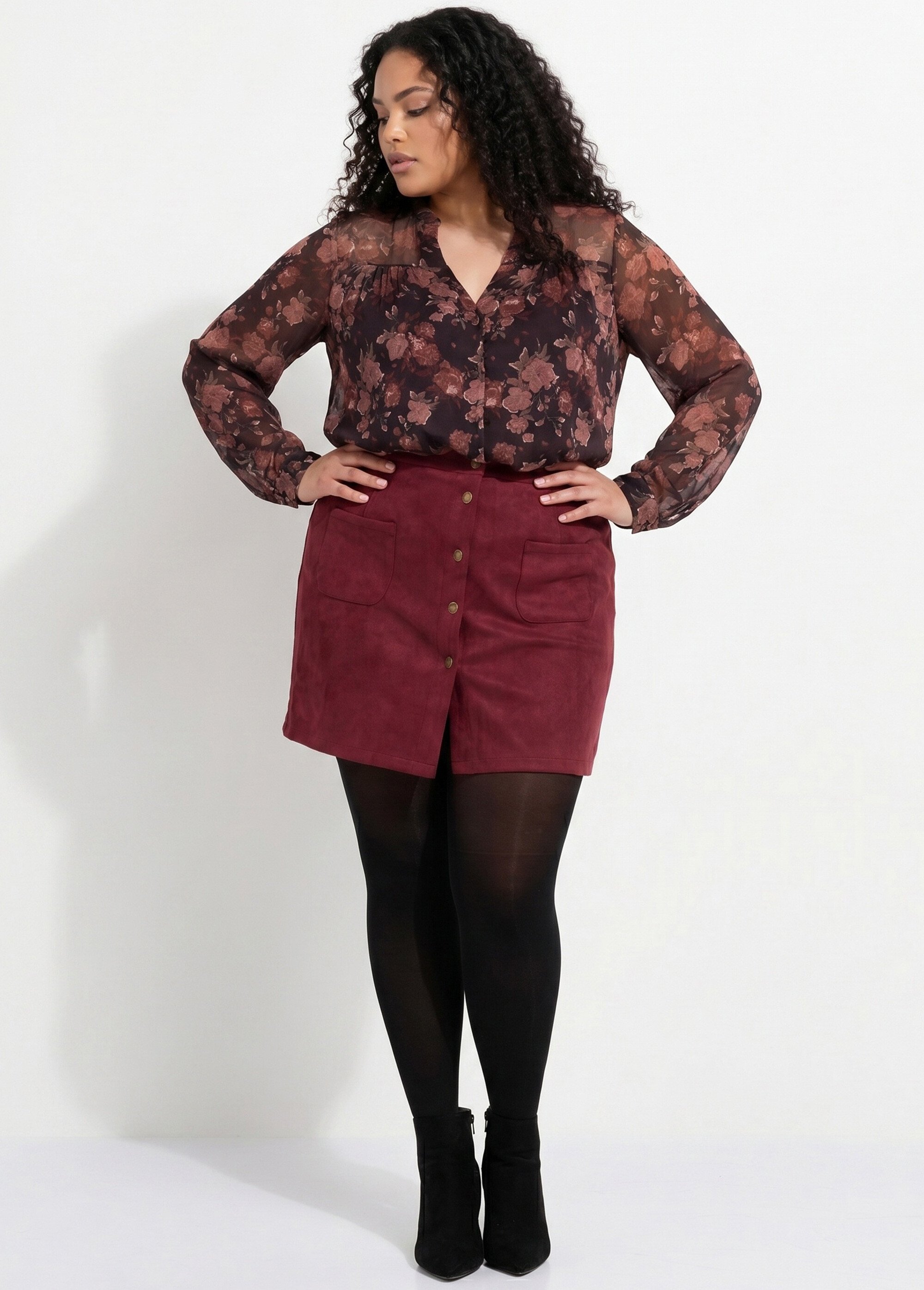 Mini jupe en suédine, boutons métal Femme Grande Taille Rouge MA-M260-2283 MV1