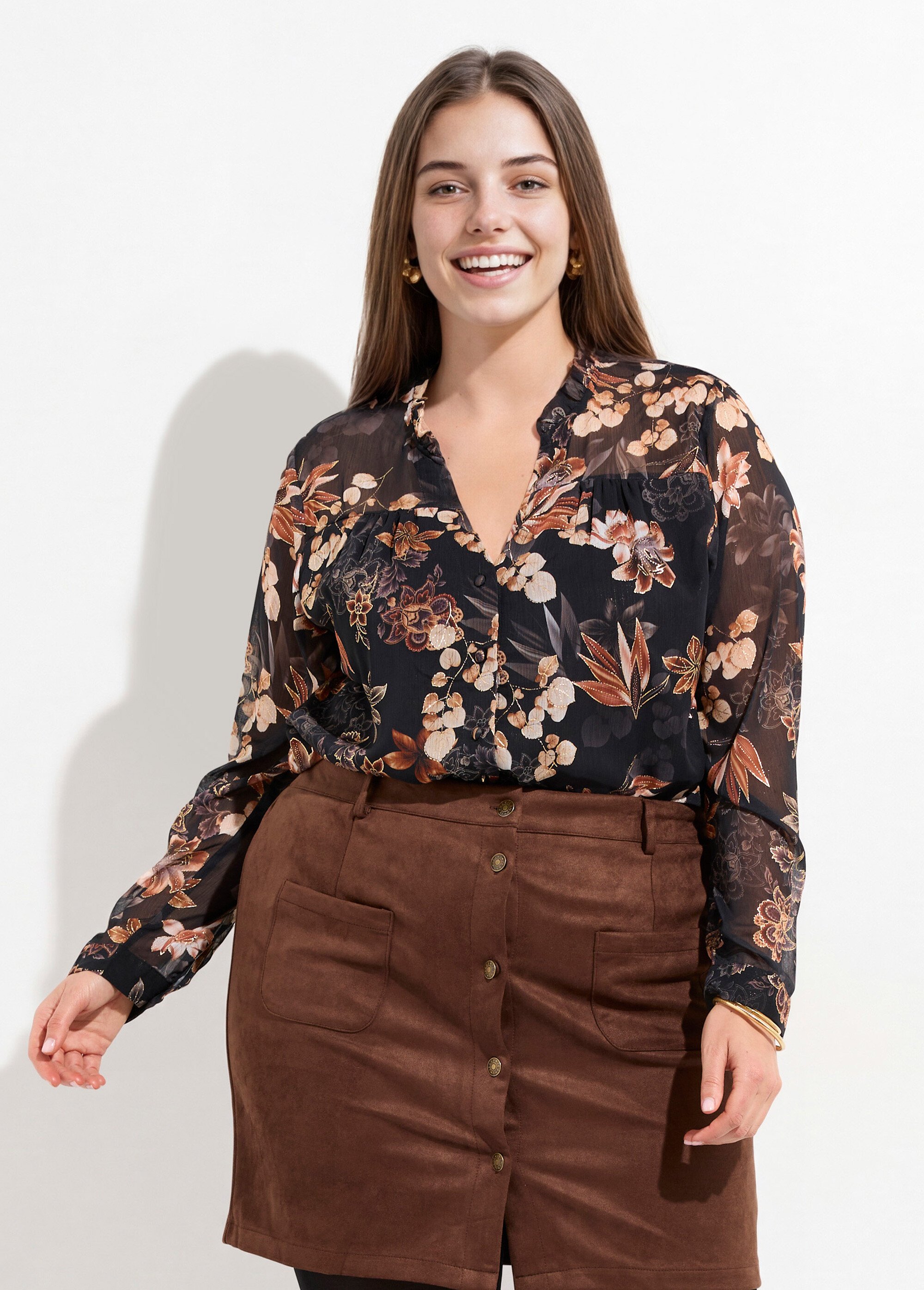 Mini jupe en suédine, boutons métal Femme Grande Taille Marron MA-M260-2283 FA1