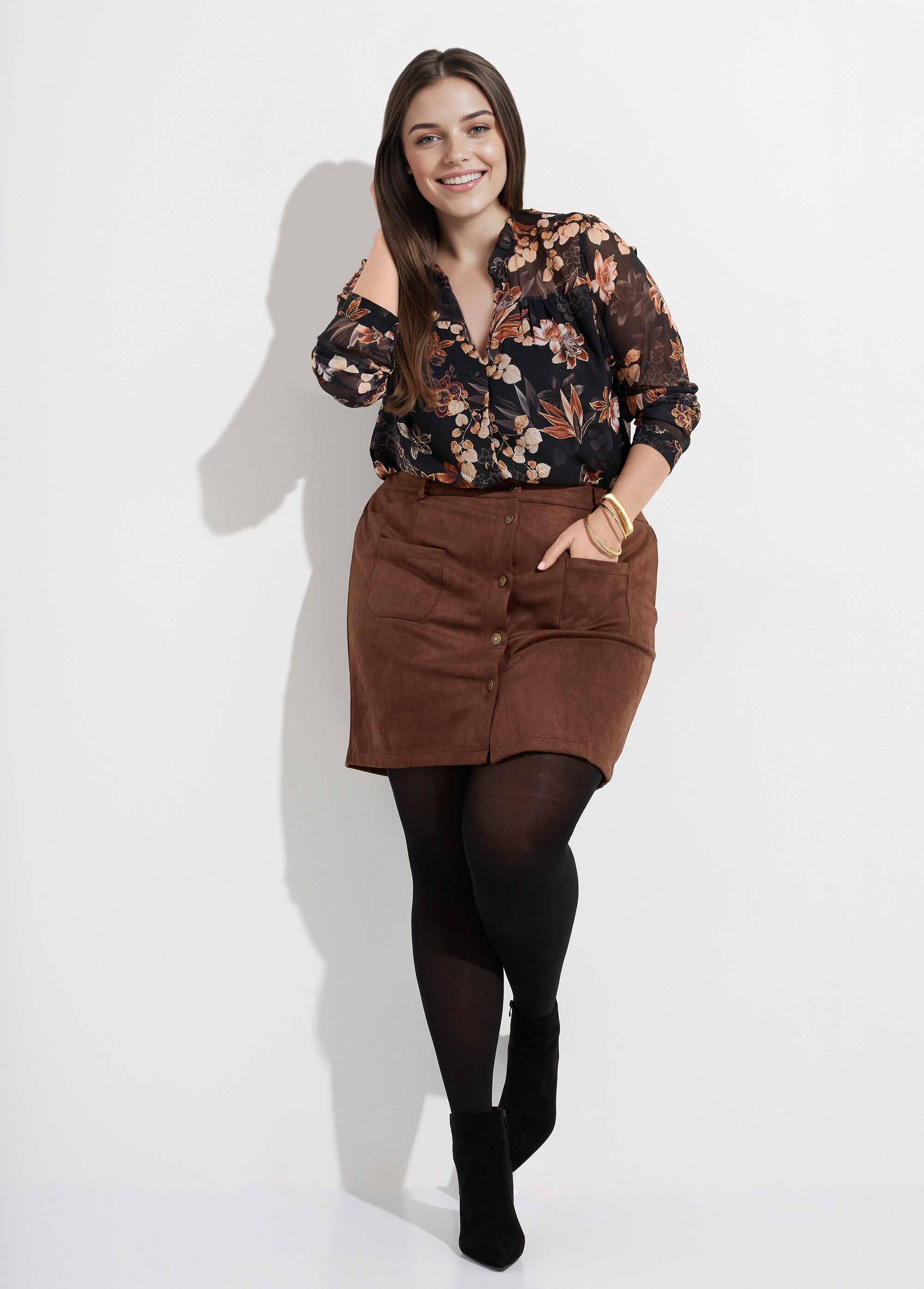 Mini jupe en suédine, boutons métal Femme Grande Taille Marron MA-M260-2283 MV1