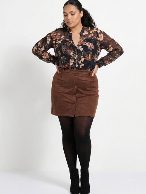 Mini jupe en suédine, boutons métal Femme Grande Taille Marron MA-M260-2283 MV1