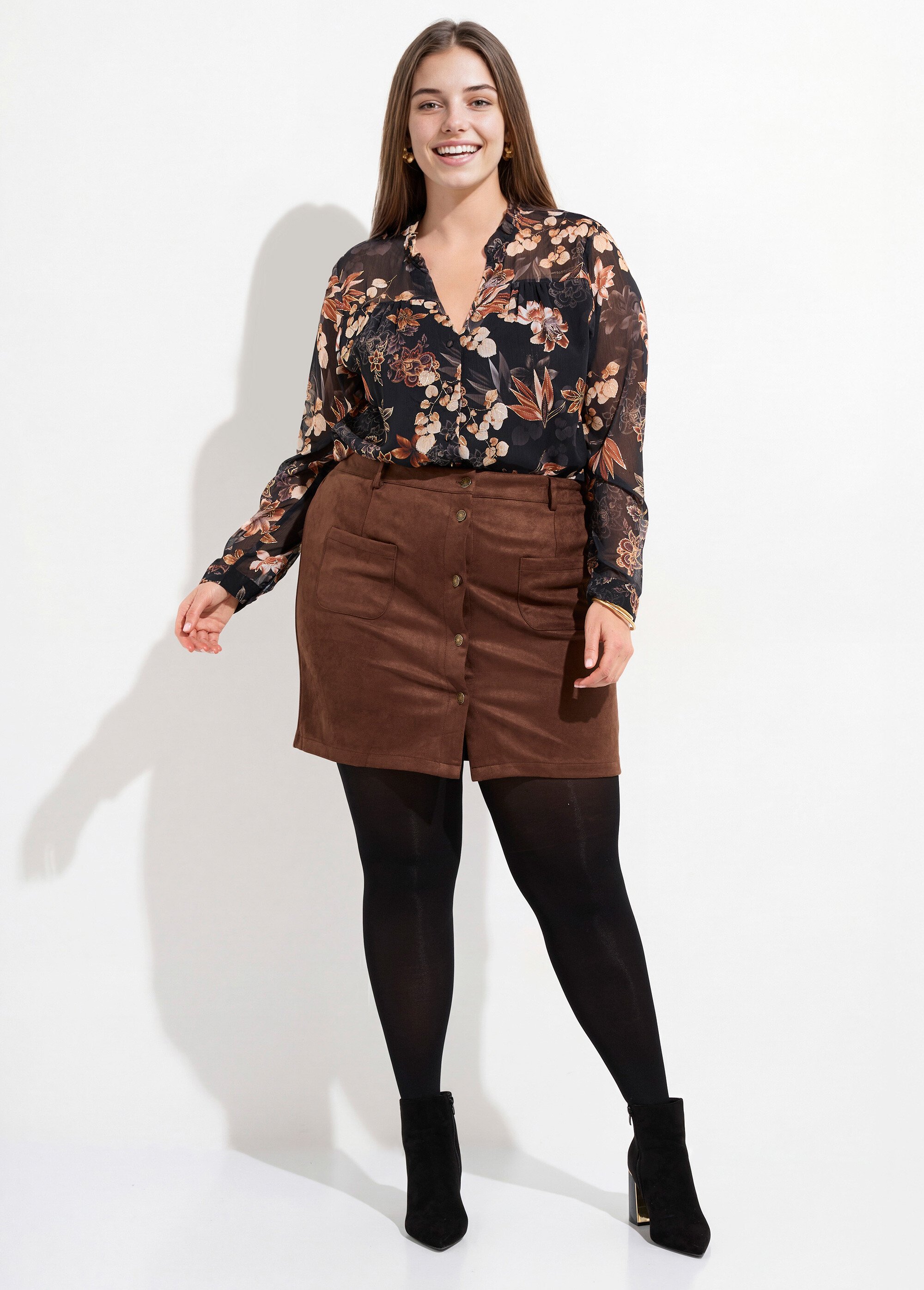 Mini jupe en suédine, boutons métal Femme Grande Taille Marron MA-M260-2283 SF1