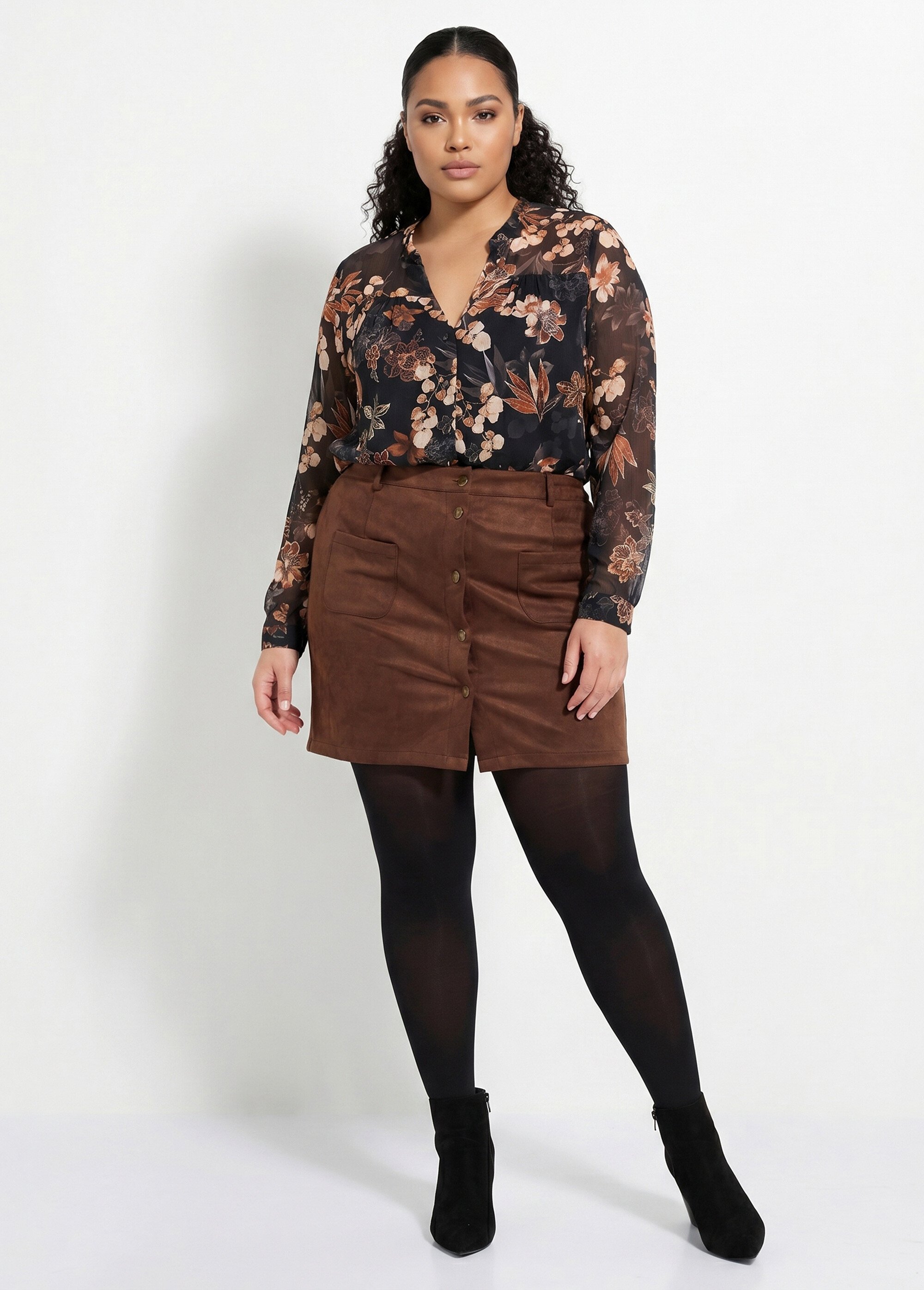 Mini jupe en suédine, boutons métal Femme Grande Taille Marron MA-M260-2283 SI1