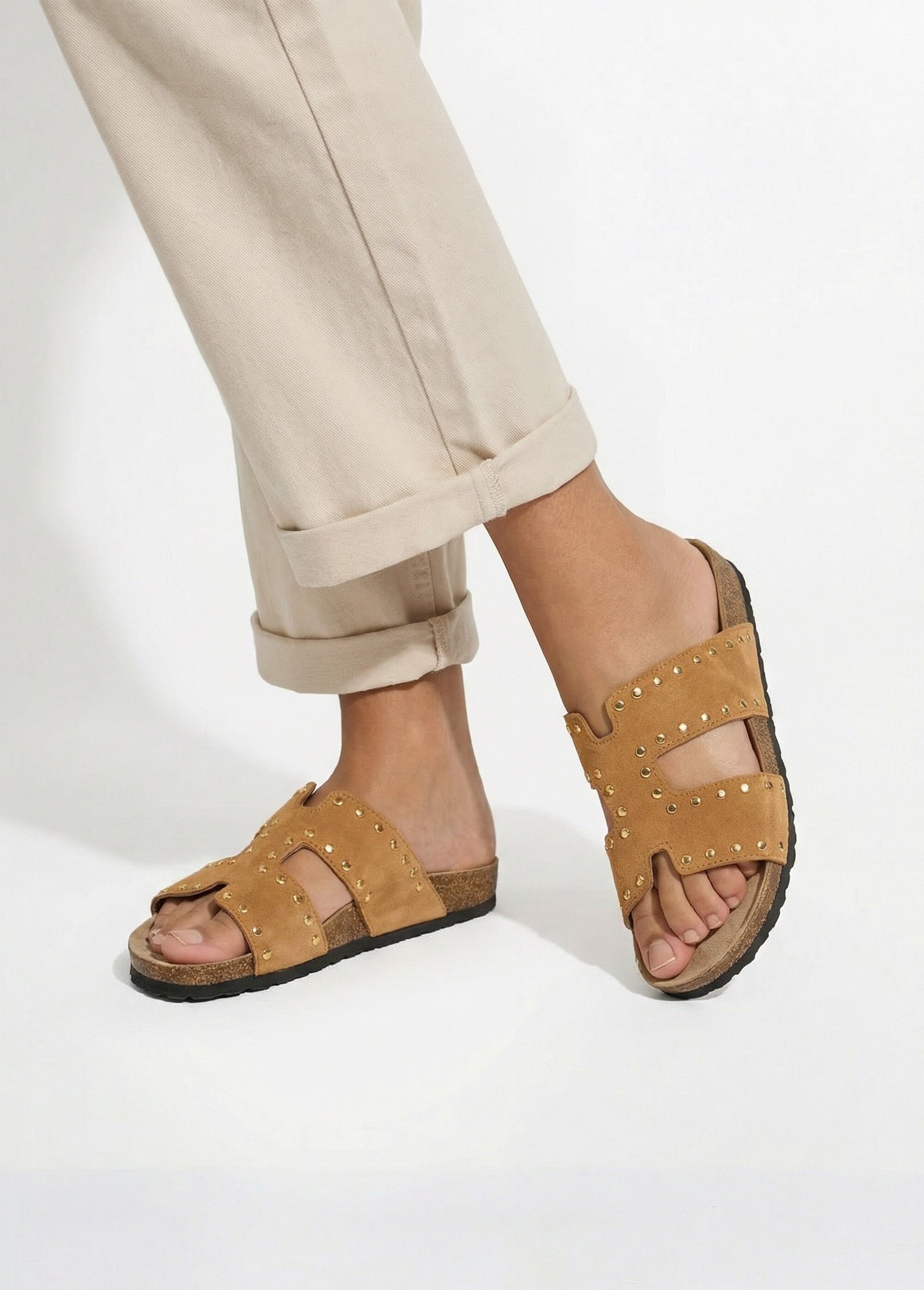 Mules suédine forme H avec clous métal Femme Beige COVGQ-007 SI1