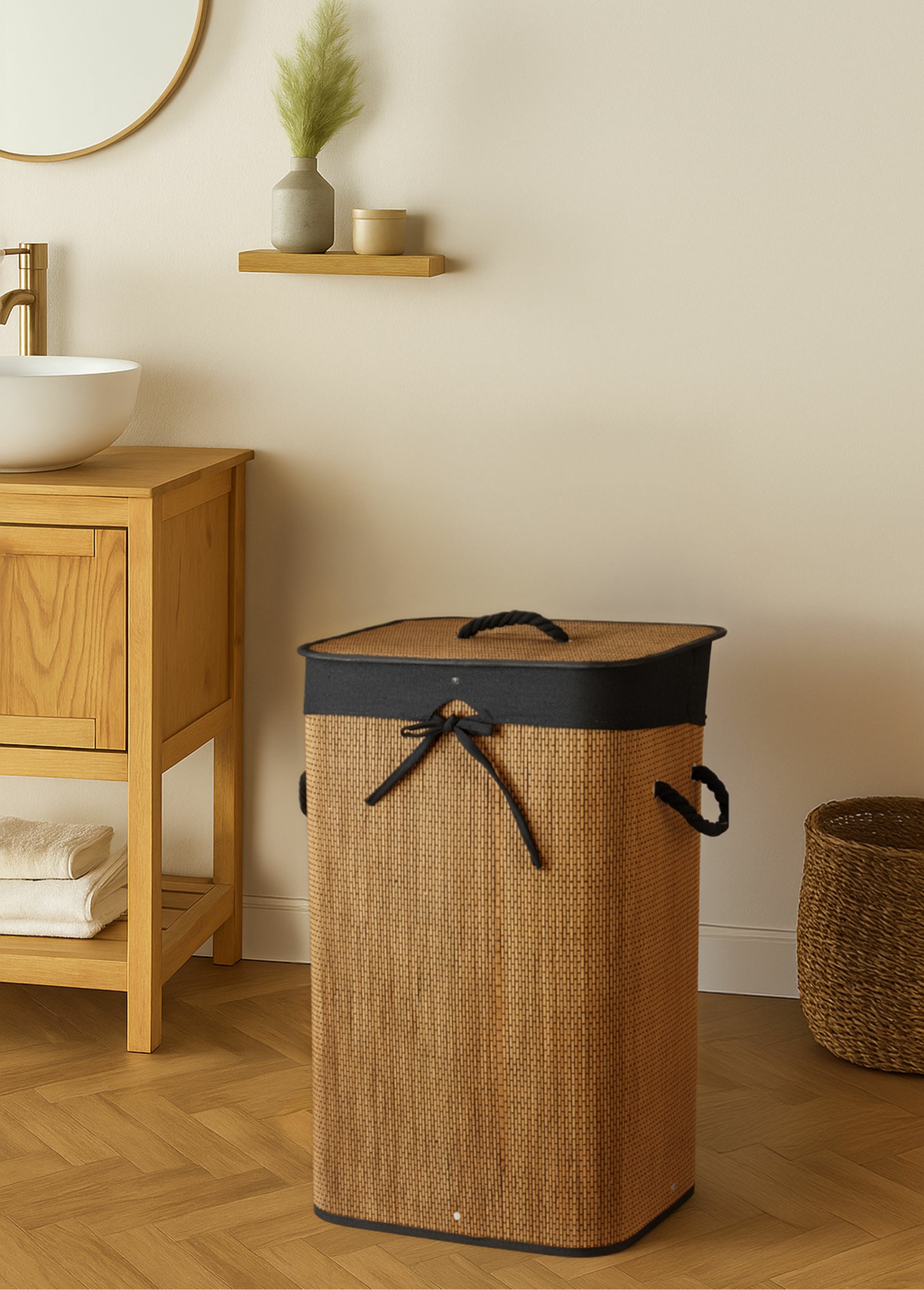 Panier à linge bambou tressé et tissu Beige KP-KR9000070 SF1