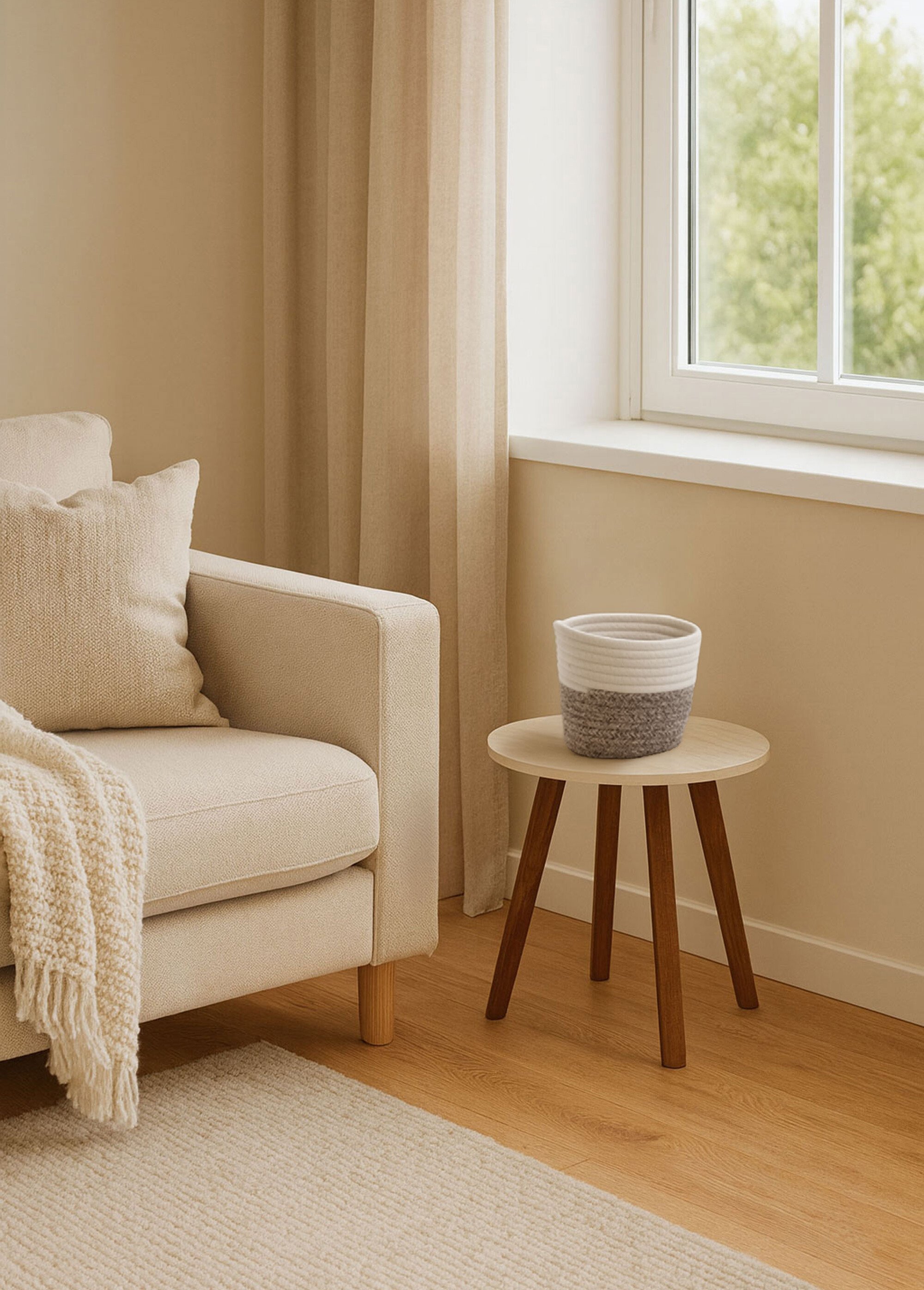 Panier cache pot tressé en coton BLANC ET MARRON KP-KR2800000 SI1