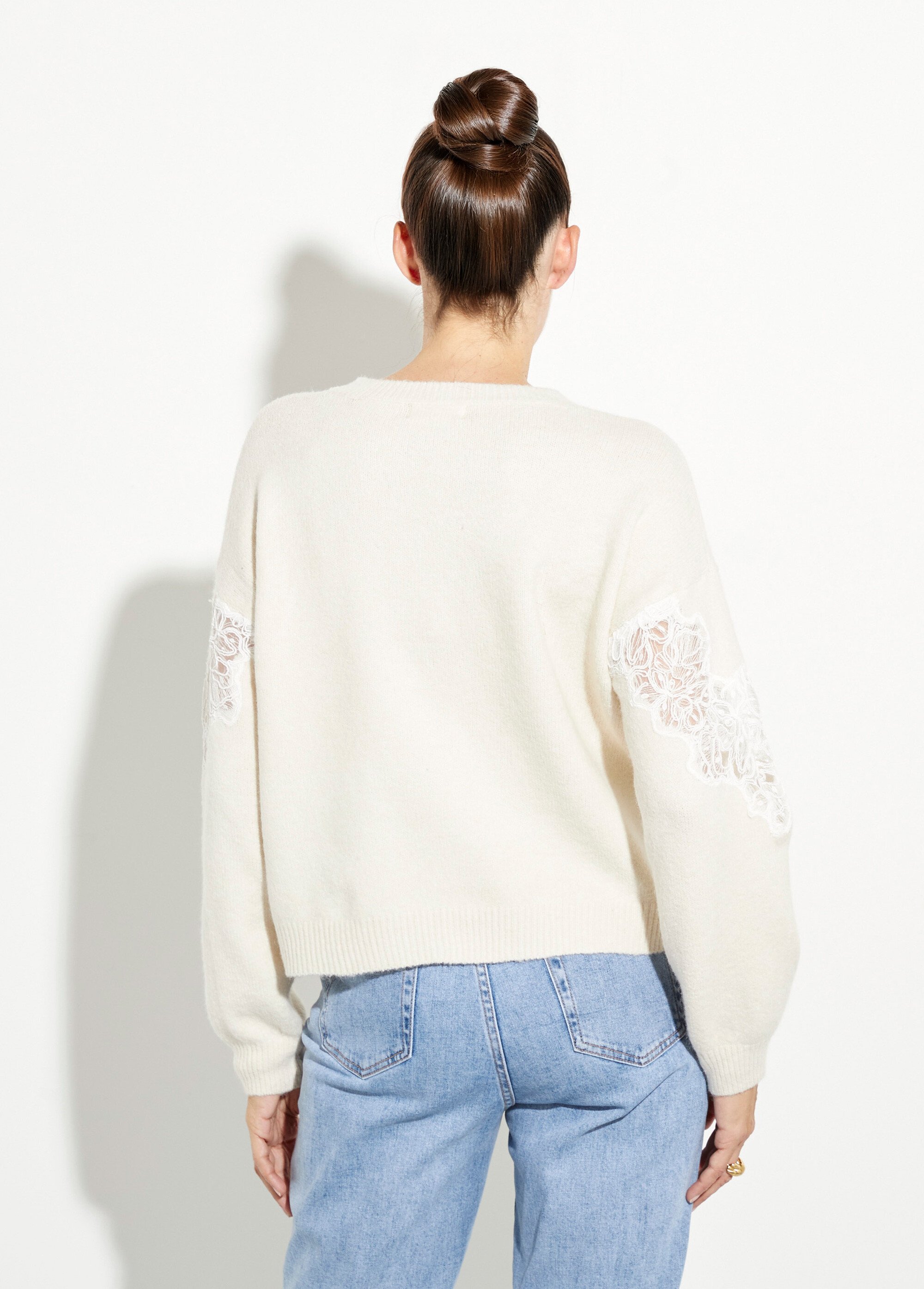 Pull chaud laine applications dentelle Femme Beige IA-AR792 DO1