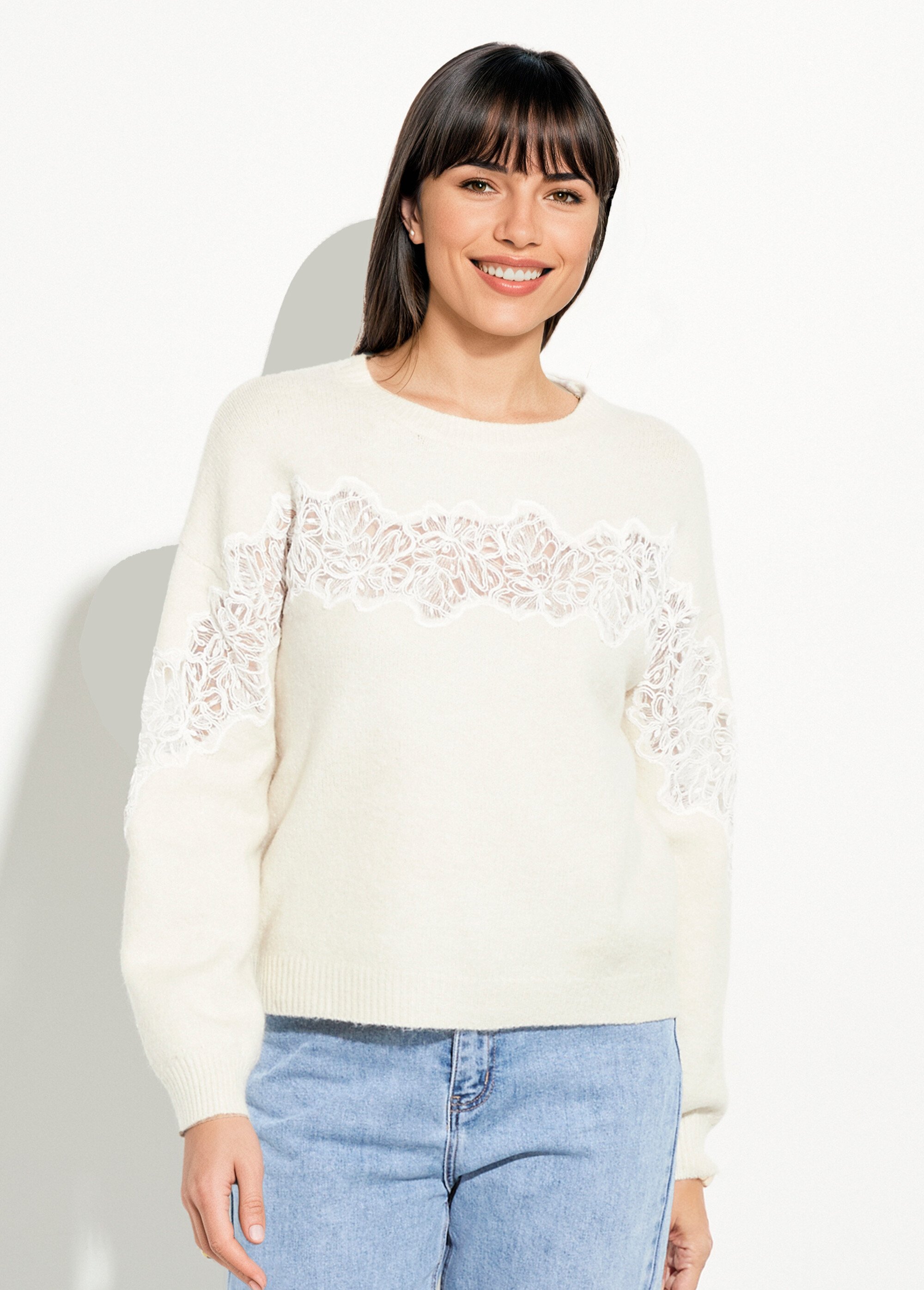 Pull chaud laine applications dentelle Femme Beige IA-AR792 FA1