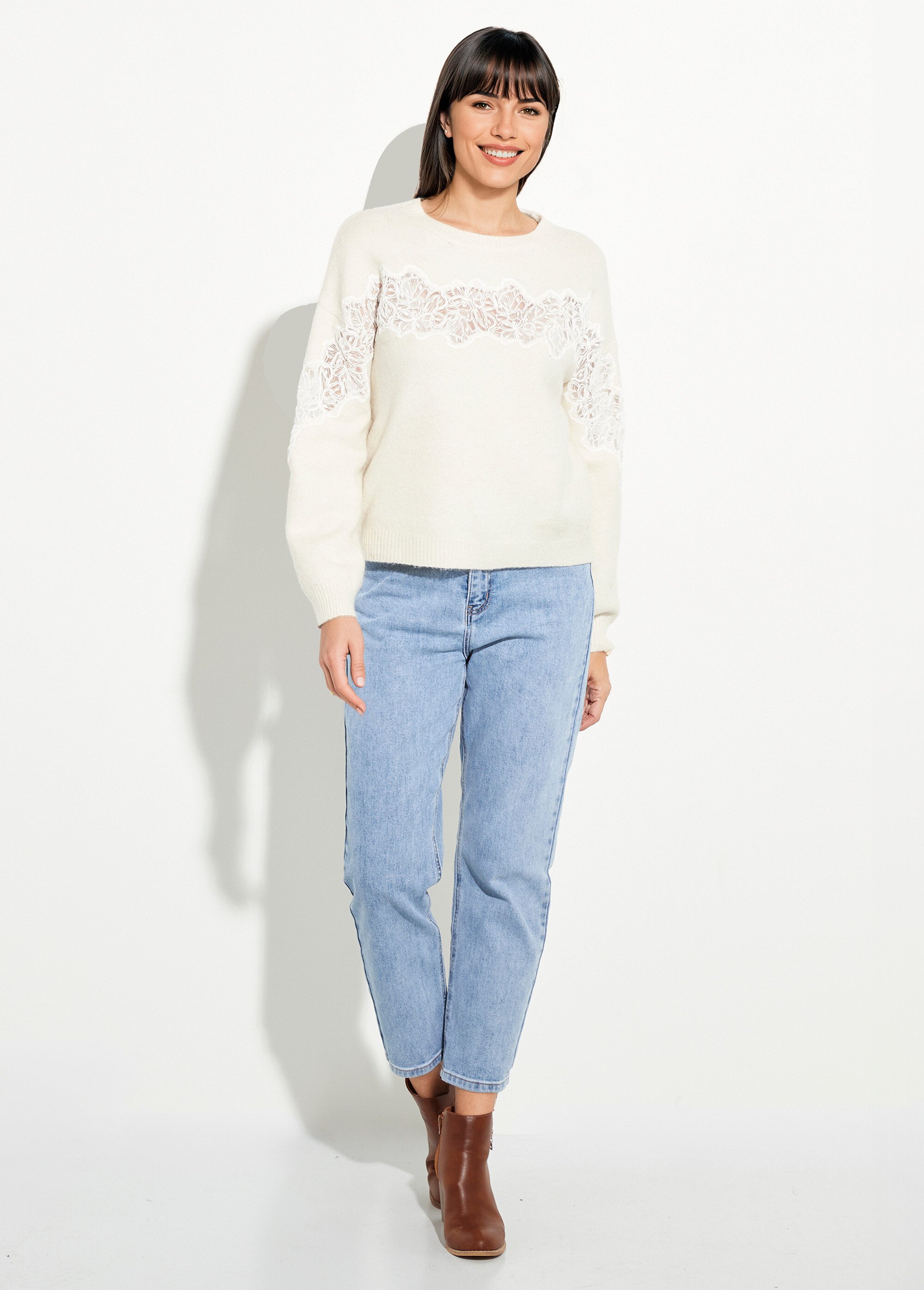 Pull chaud laine applications dentelle Femme Beige IA-AR792 SF1