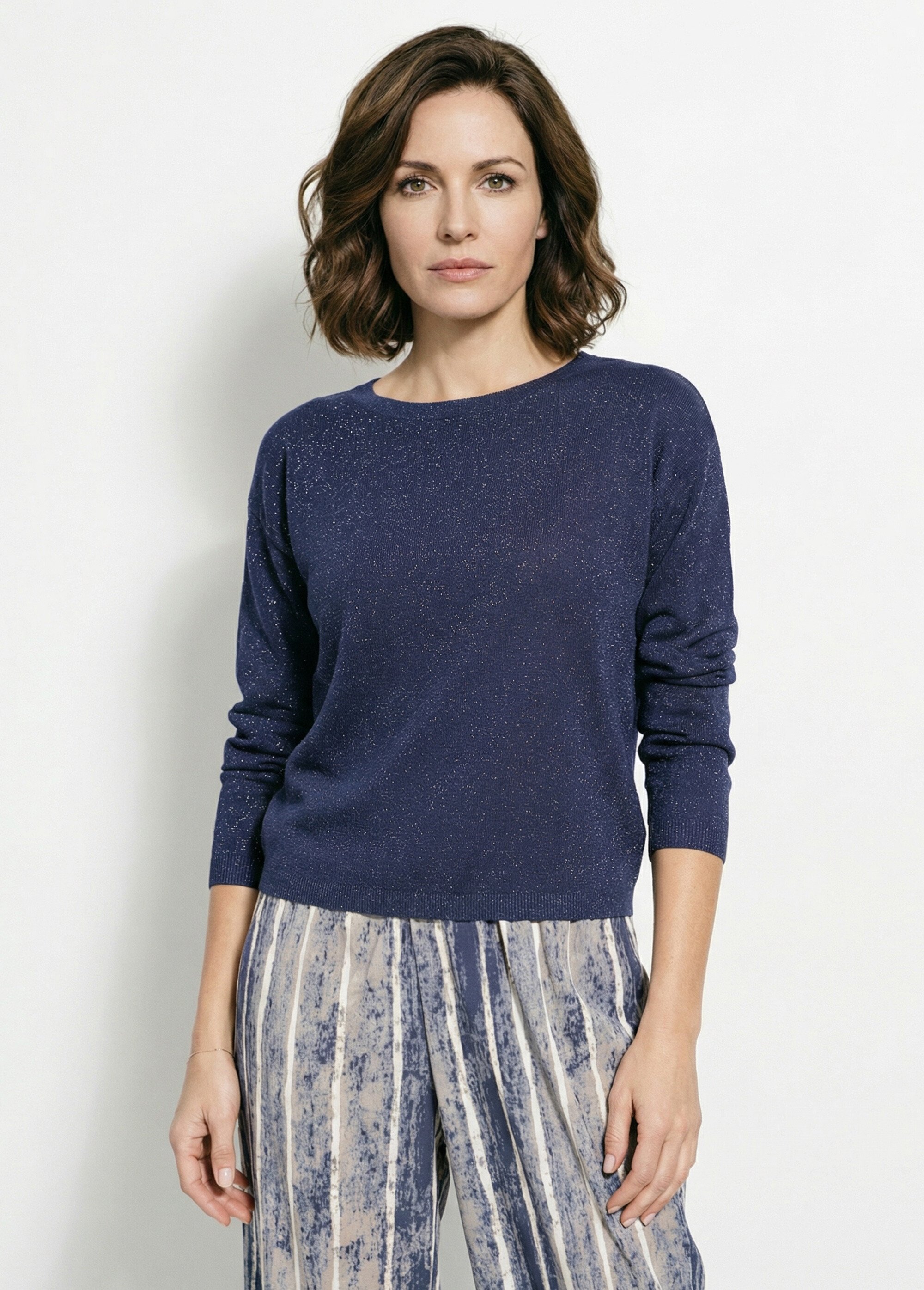 Pull court en maille fine métallisée Femme Bleu IA-AR837 FA1