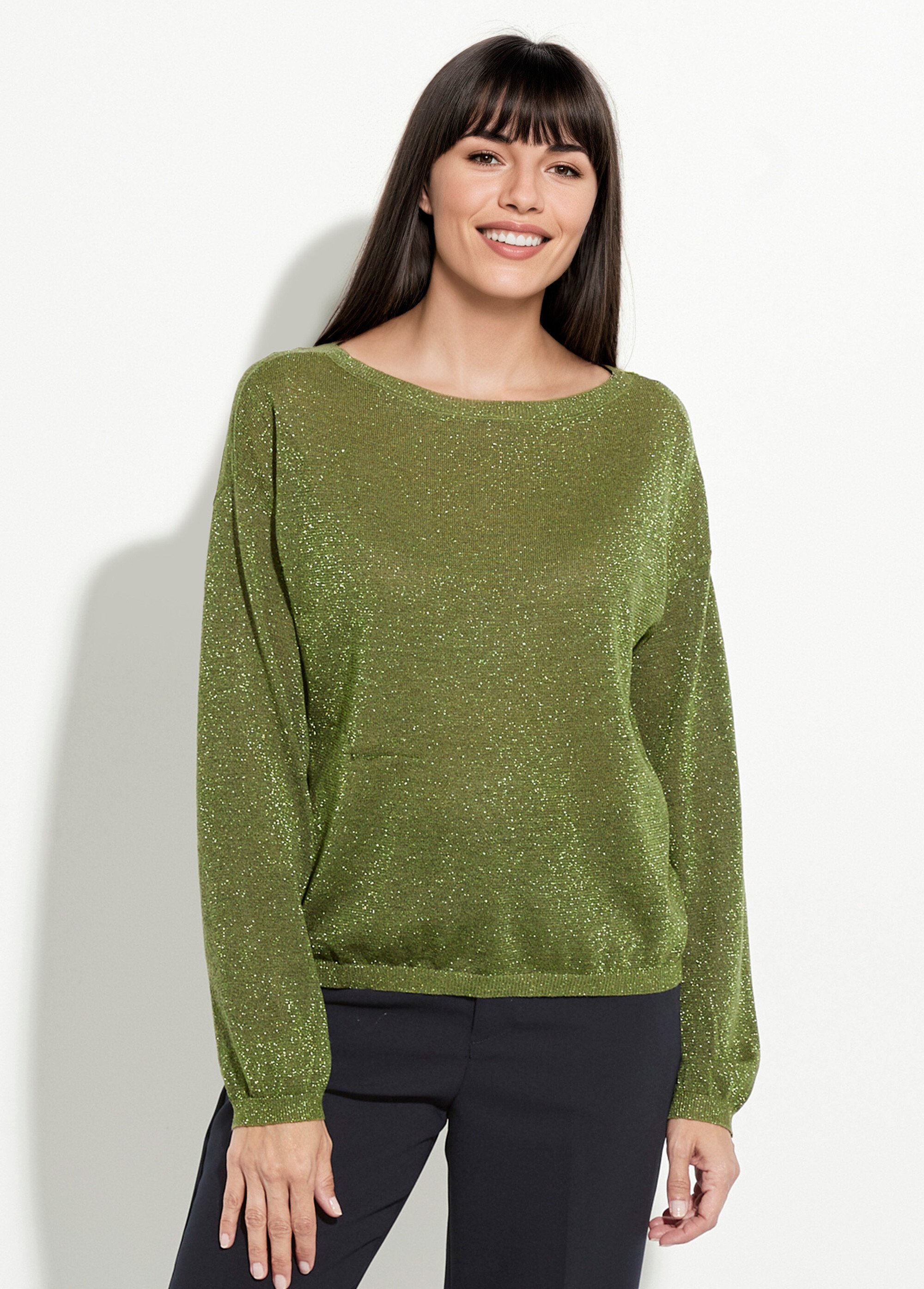 Pull court en maille fine métallisée Femme Vert IA-AR837 FA1