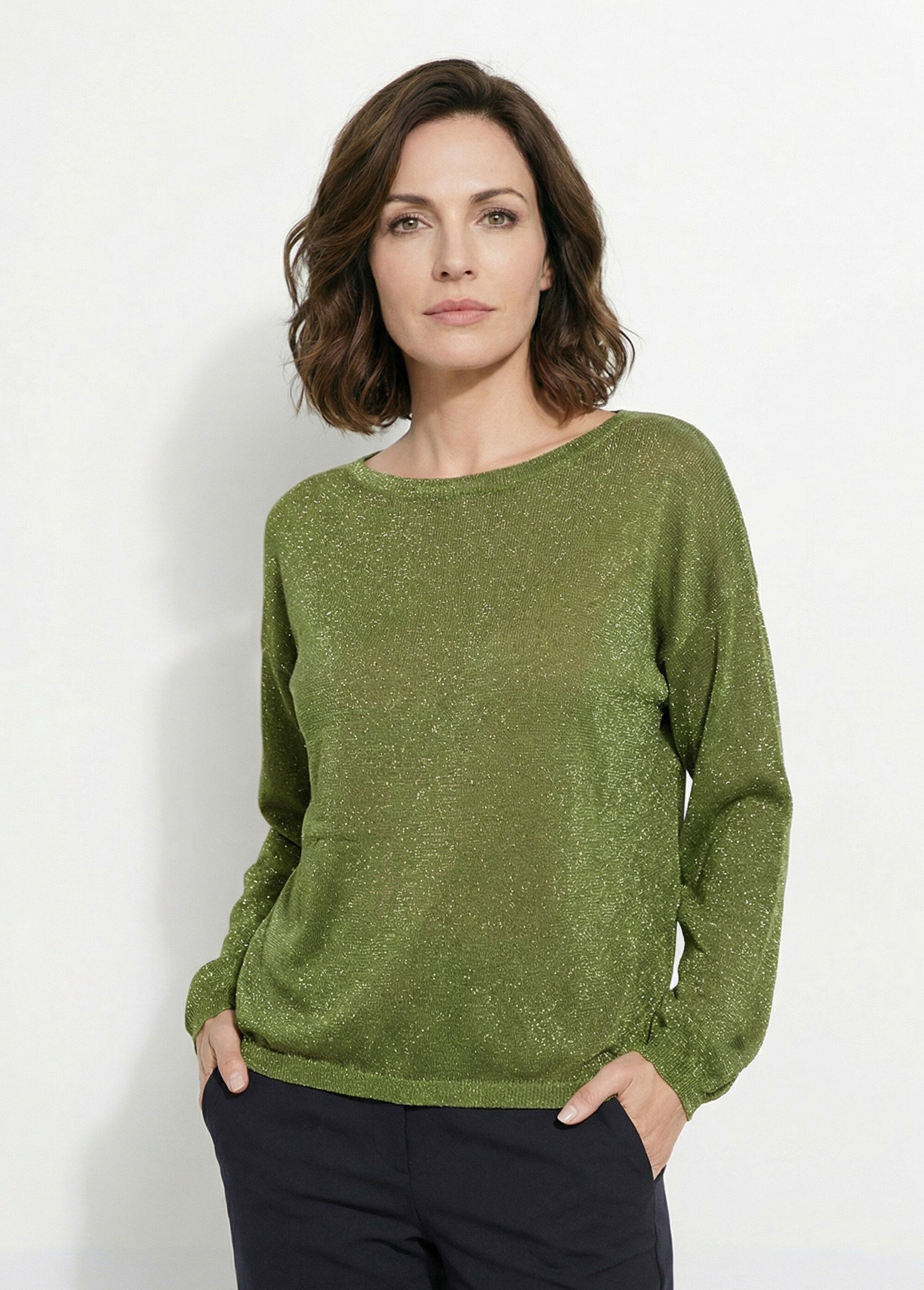 Pull court en maille fine métallisée Femme Vert IA-AR837 FA1