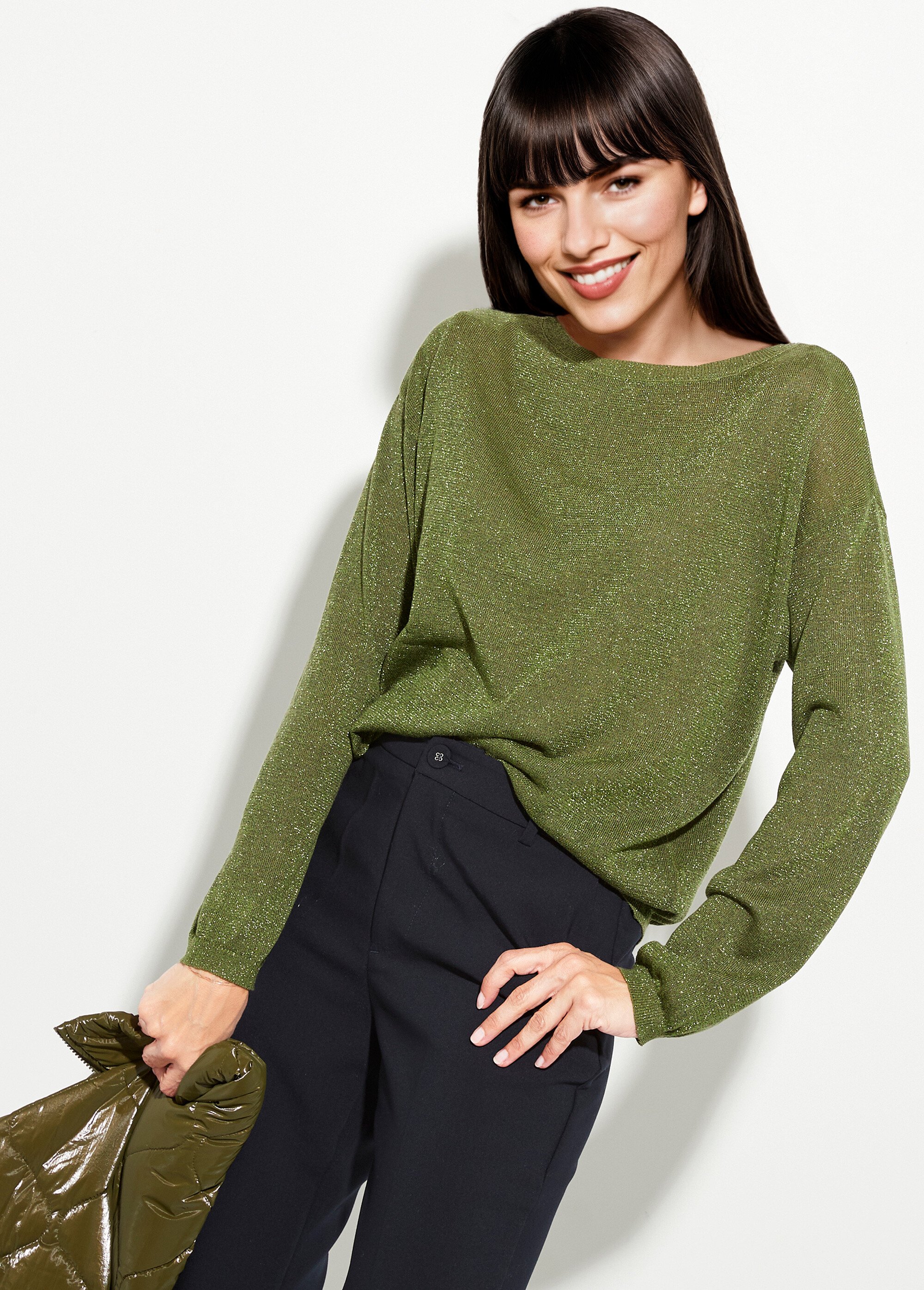 Pull court en maille fine métallisée Femme Vert IA-AR837 MV1