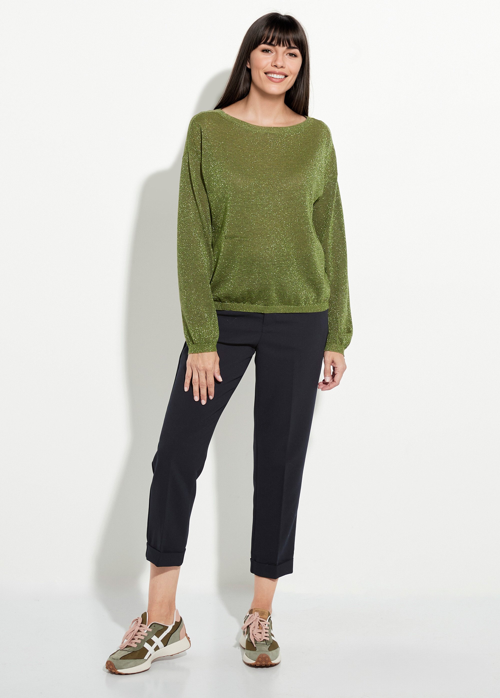 Pull court en maille fine métallisée Femme Vert IA-AR837 SF1
