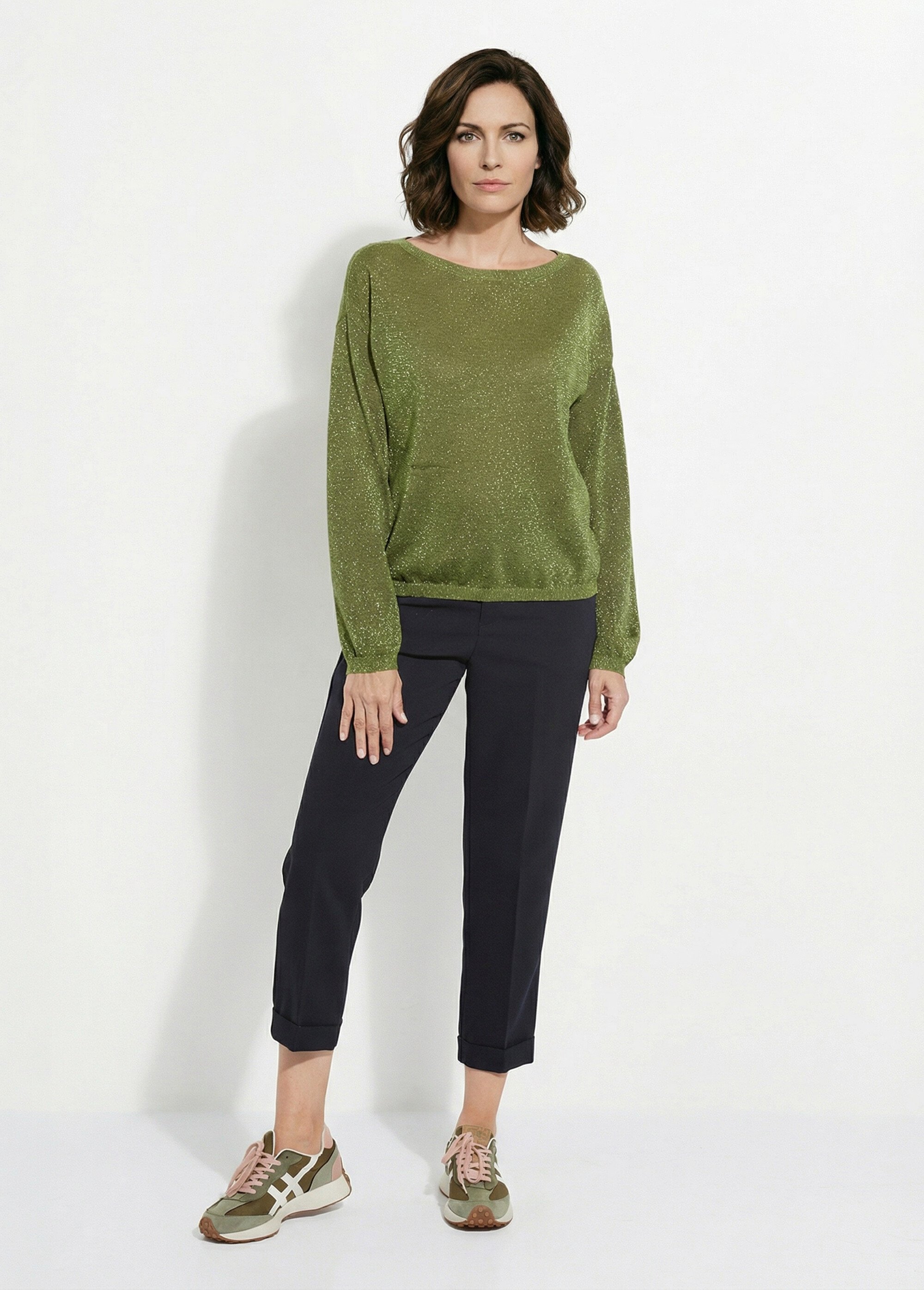 Pull court en maille fine métallisée Femme Vert IA-AR837 SI1