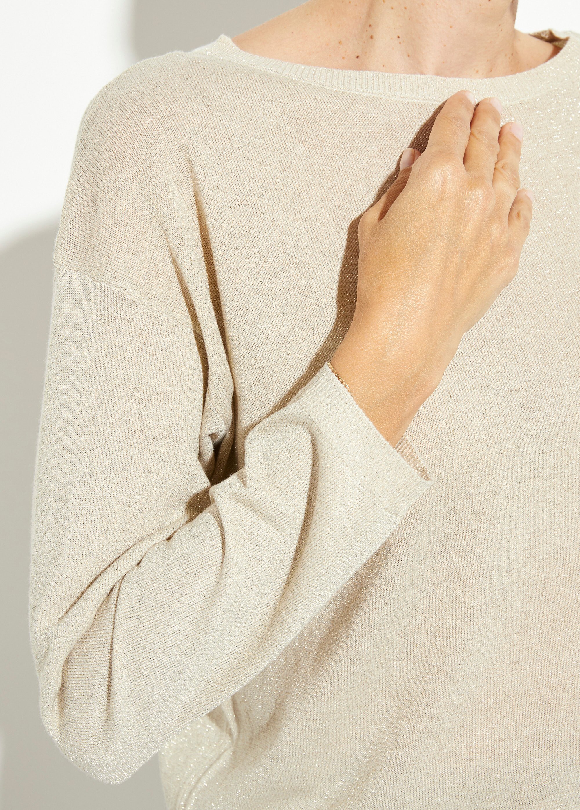 Pull court en maille fine métallisée Femme Beige IA-AR837 DE1