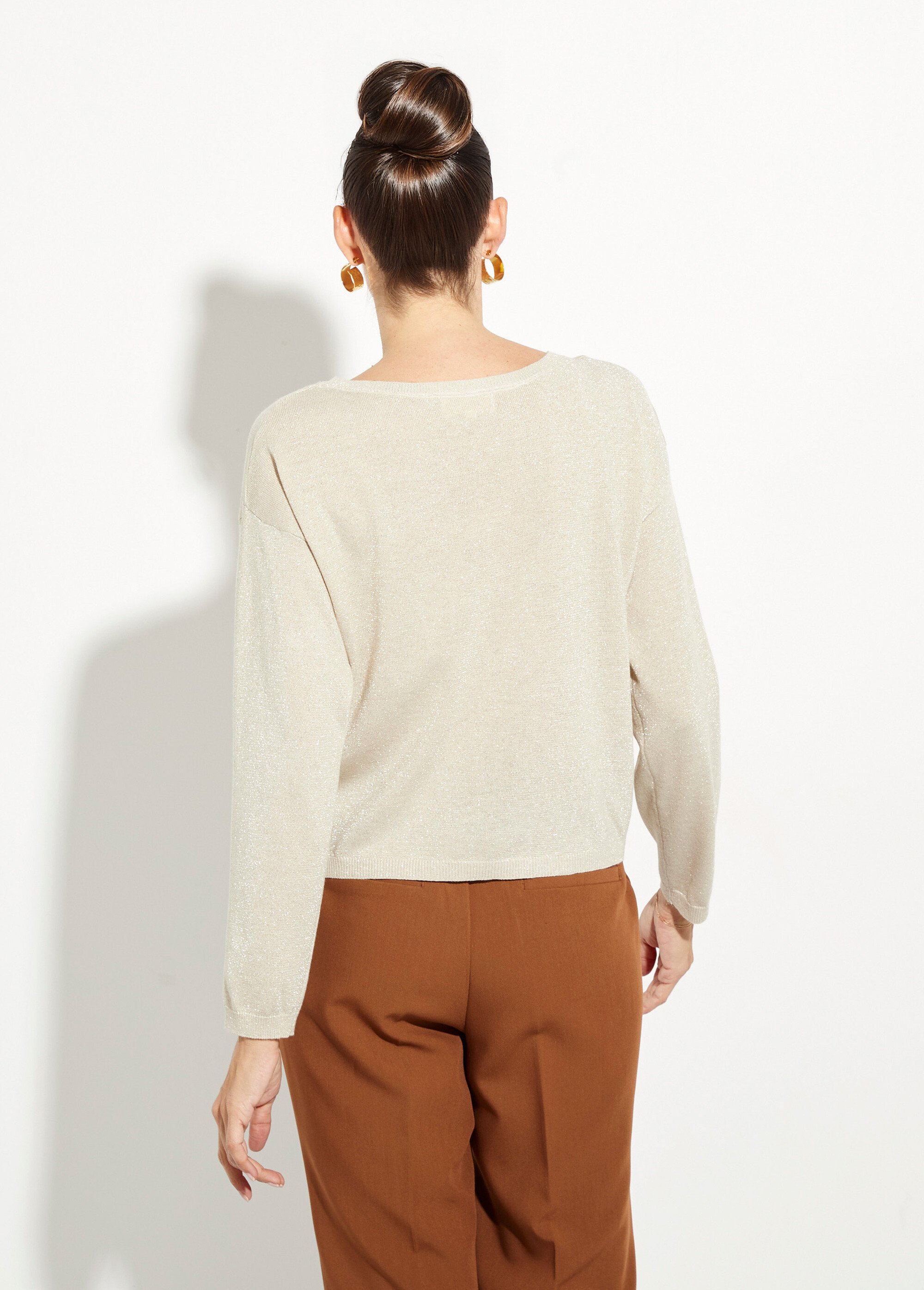 Pull court en maille fine métallisée Femme Beige IA-AR837 DO1