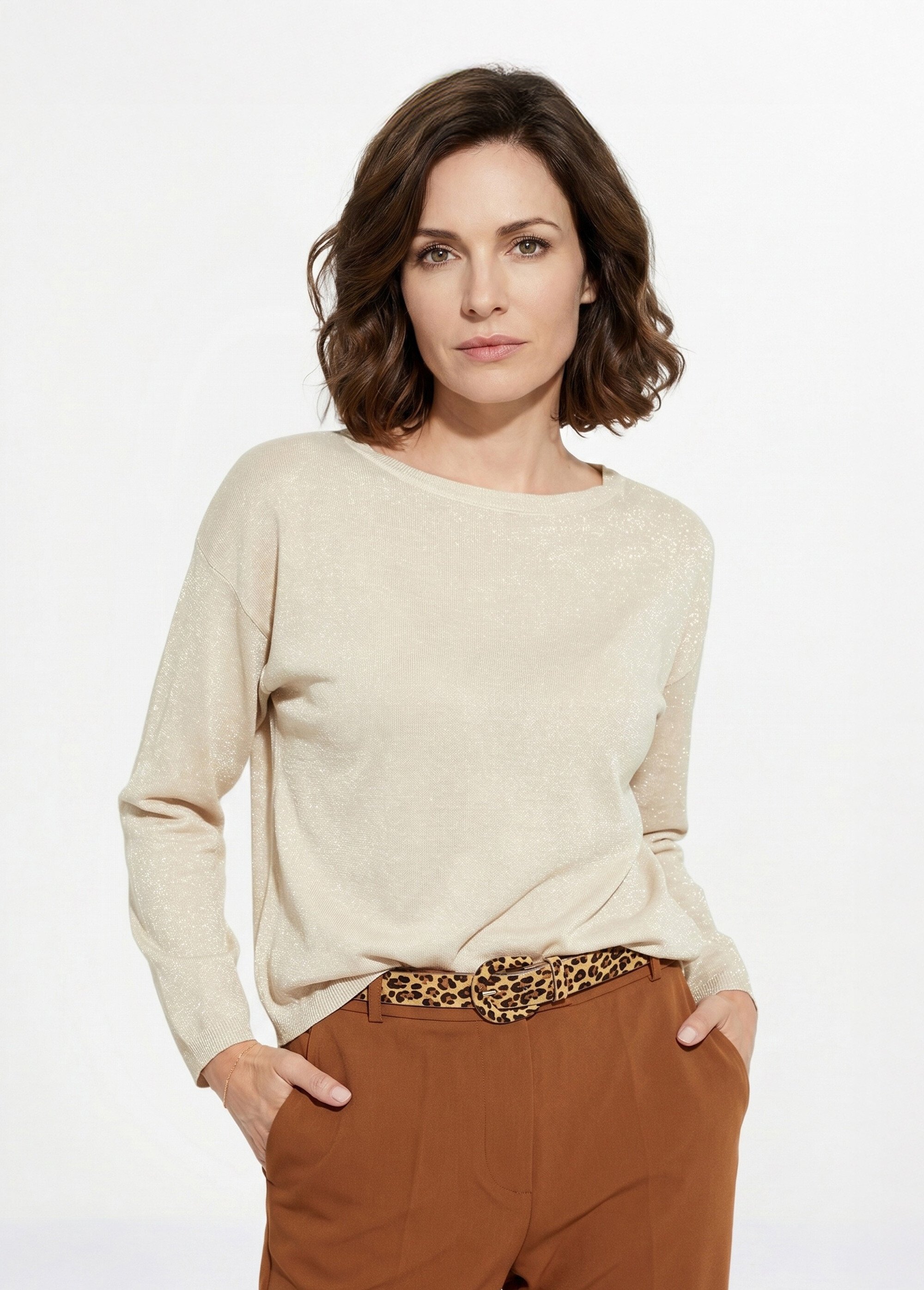 Pull court en maille fine métallisée Femme Beige IA-AR837 FA1