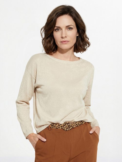 Pull court en maille fine métallisée Femme Beige IA-AR837 FA1